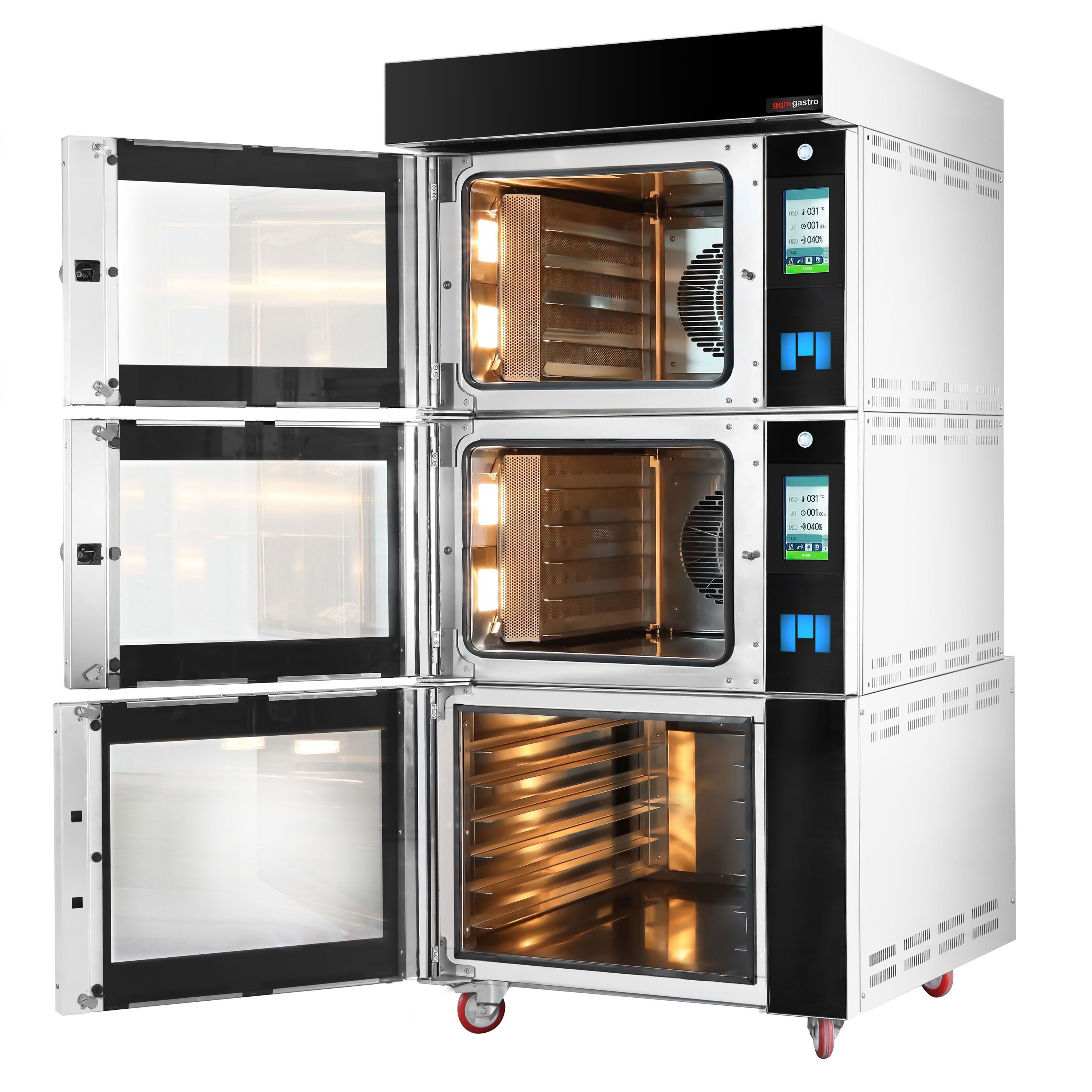 Électrique Four à convection avec injection d’eau - Écran tactile - 2 chambres de cuisson - 10 niveaux 600x400mm - Acier inoxydable - Noir - avec armoire de fermentation - sans plaques