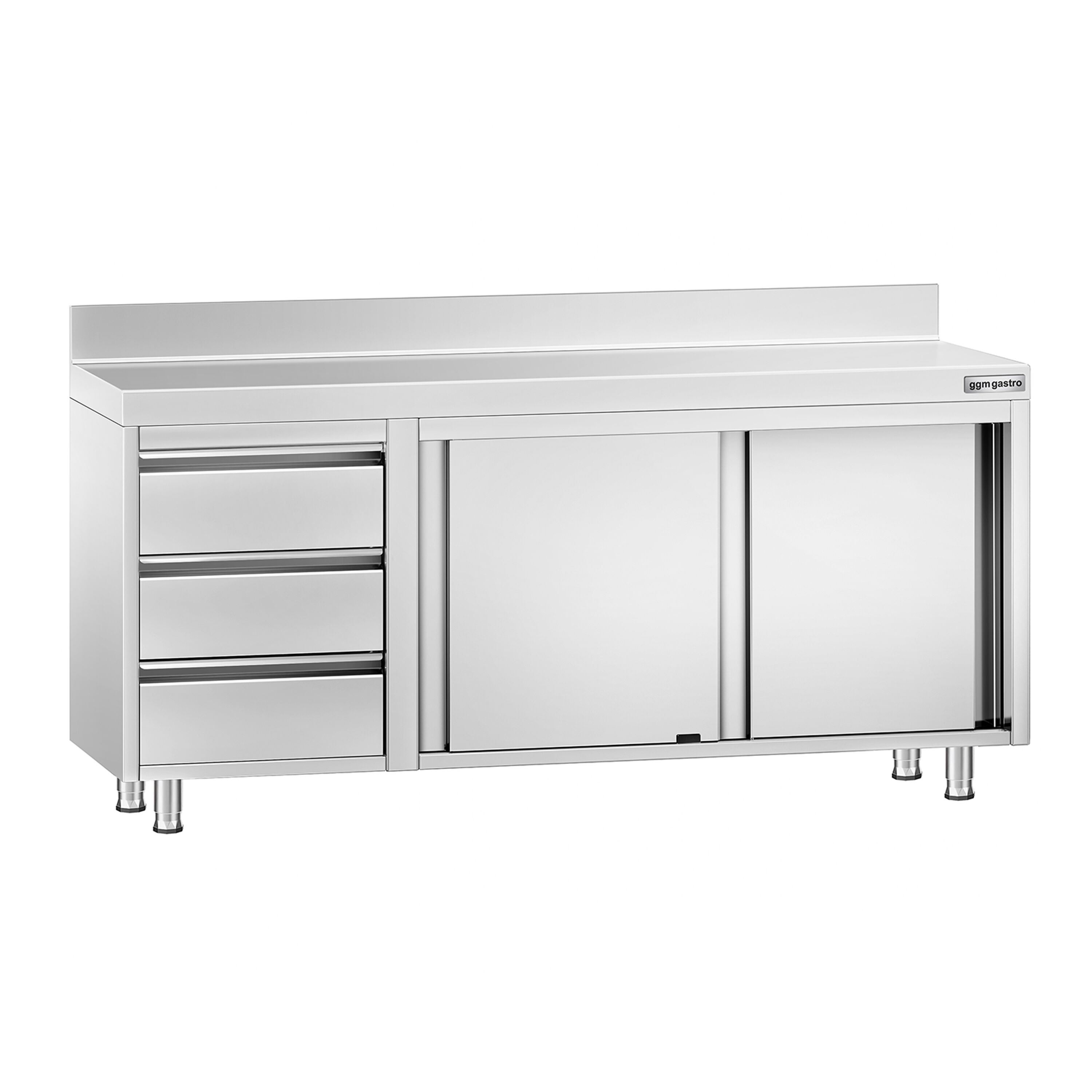 Table armoire en acier inoxydable PREMIUM - 1800x700mm - avec portes coulissantes et 3 tiroirs à gauche - avec étagère basse - avec dosseret