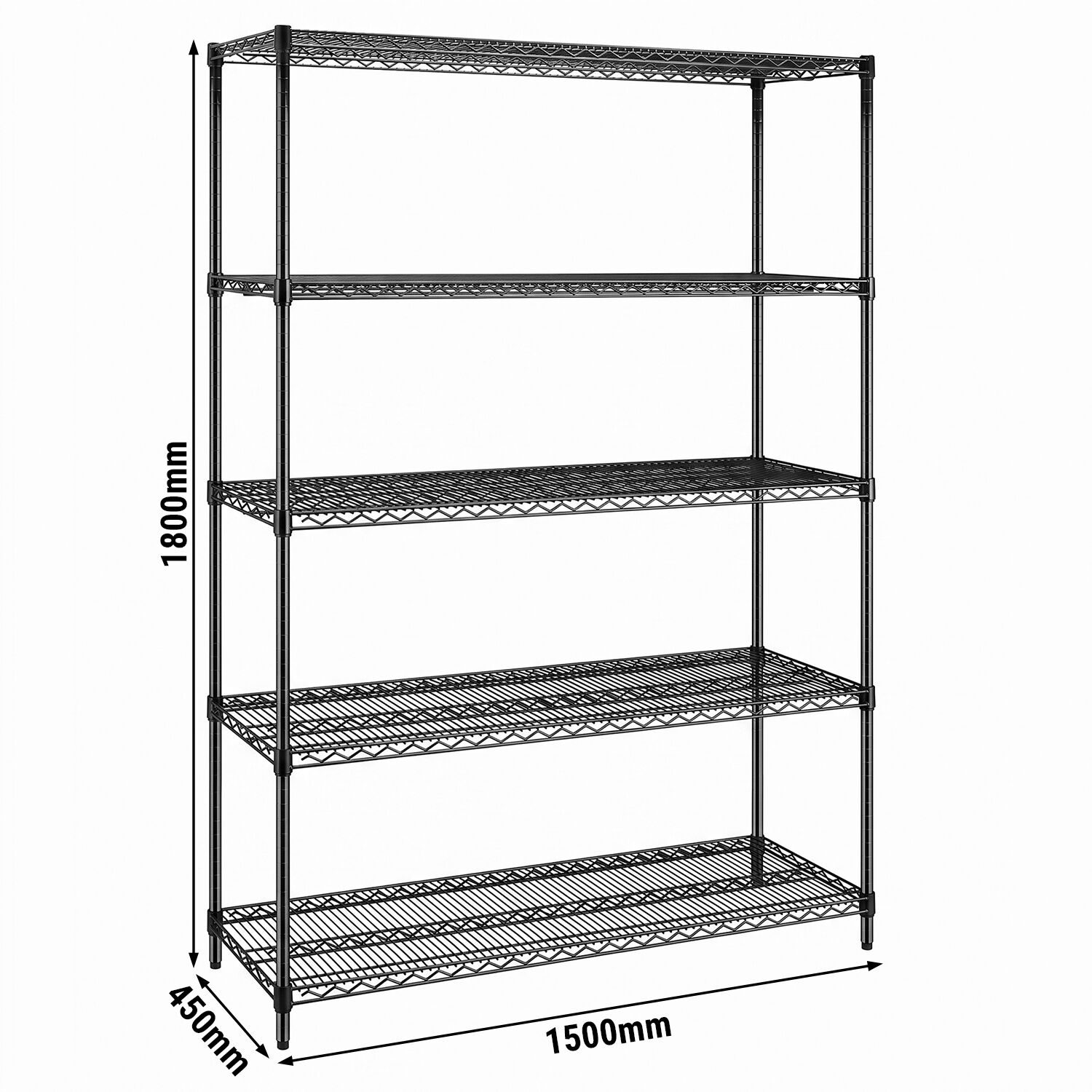 Stalen rek - 1500 x 450 mm - 5 legplanken - Zwart