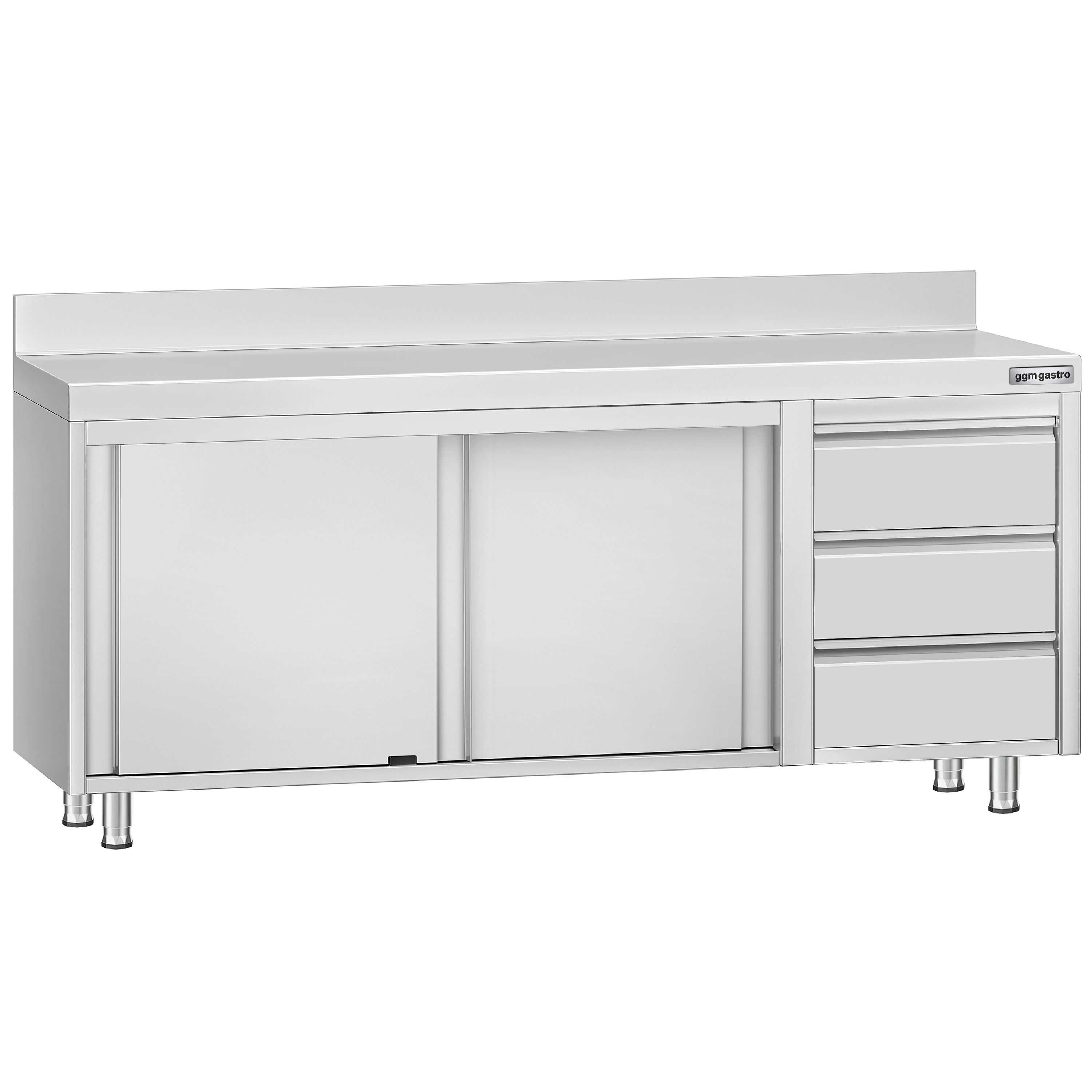 Table armoire en acier inoxydable ECO - 2000x600mm - avec portes coulissantes, 3 tiroirs à droite et étagère basse - avec dosseret