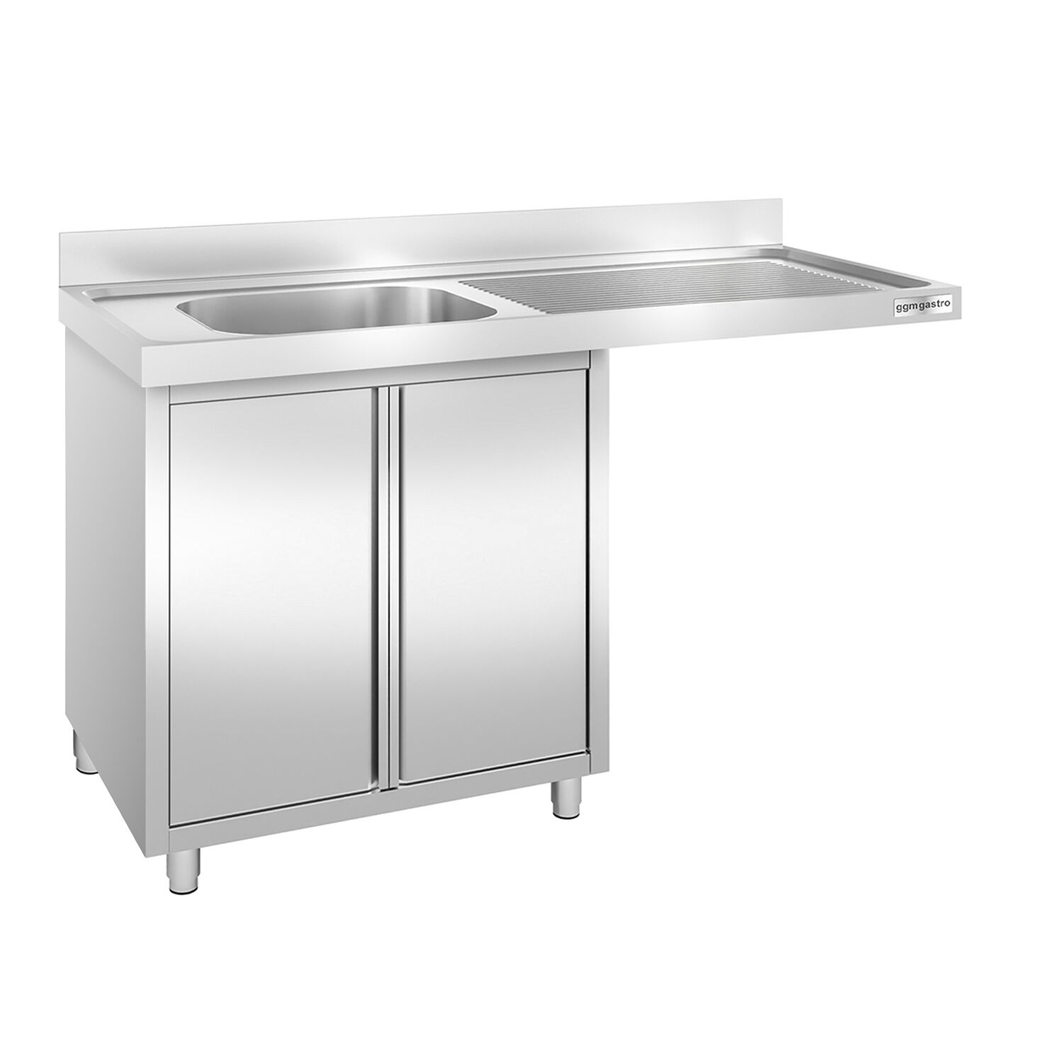 Meuble plonge inox professionnel PREMIUM - 1400x600mm - 1 bac à gauche - avec égouttoir à droite - avec portes battantes