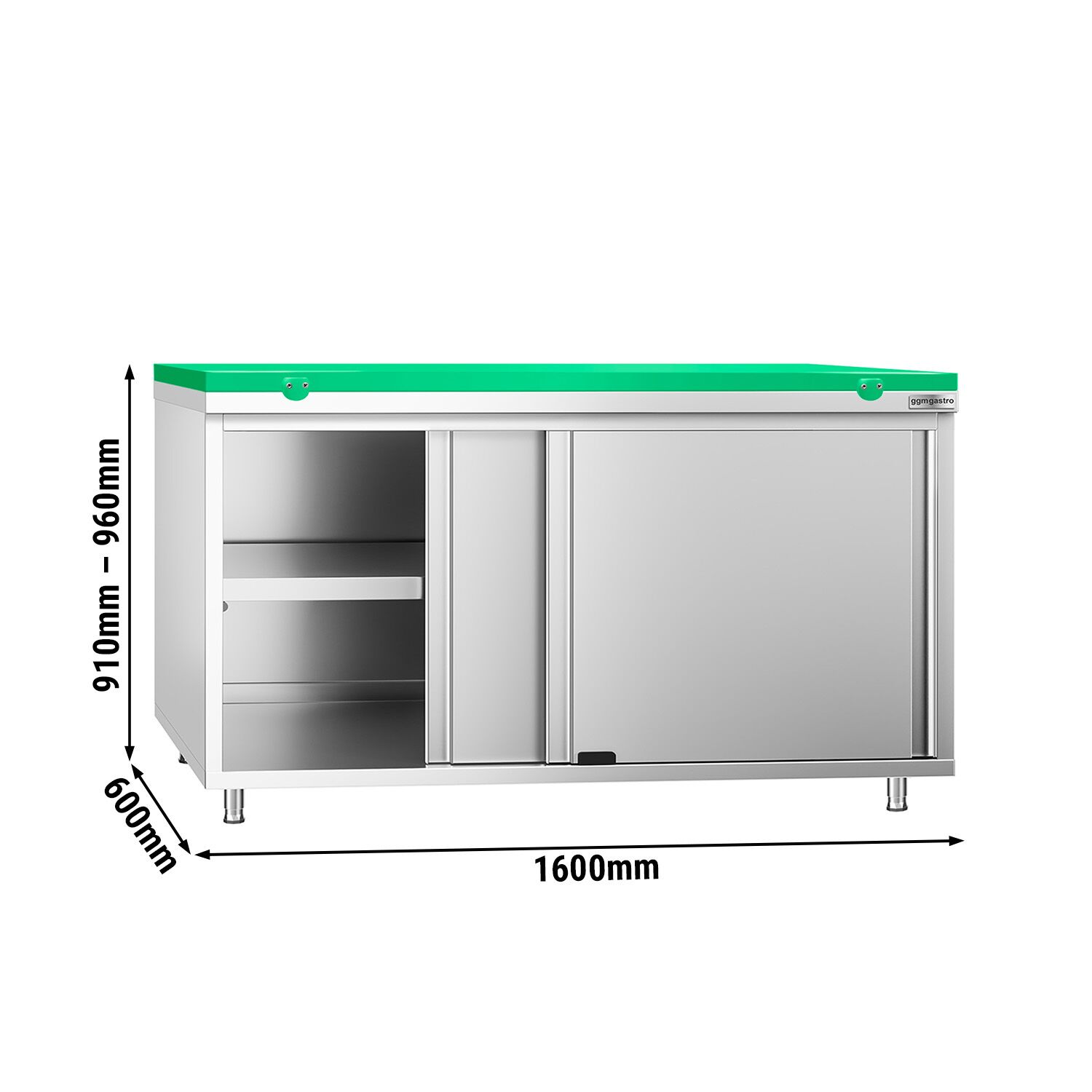 Table armoire en acier inoxydable PREMIUM - 1600x600mm - avec portes coulissantes - incl. plateau de découpe Vert PEHD (HACCP)
