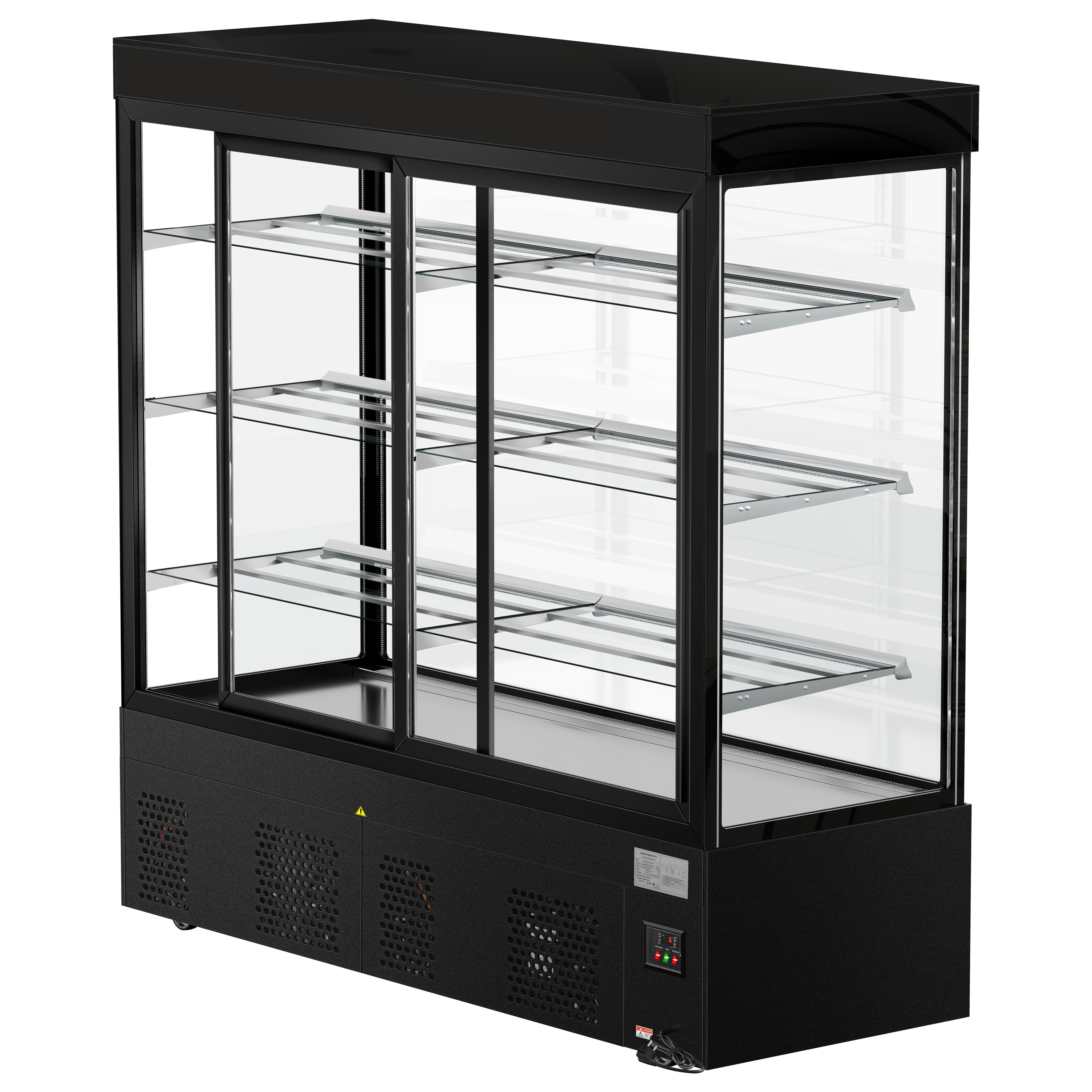Vitrine à pâtisserie réfrigérée MADRID - 1200L - 1800mm - Double vitrage - avec 3 étagères en verre - portes coulissantes vitrées arrière - Noir mat