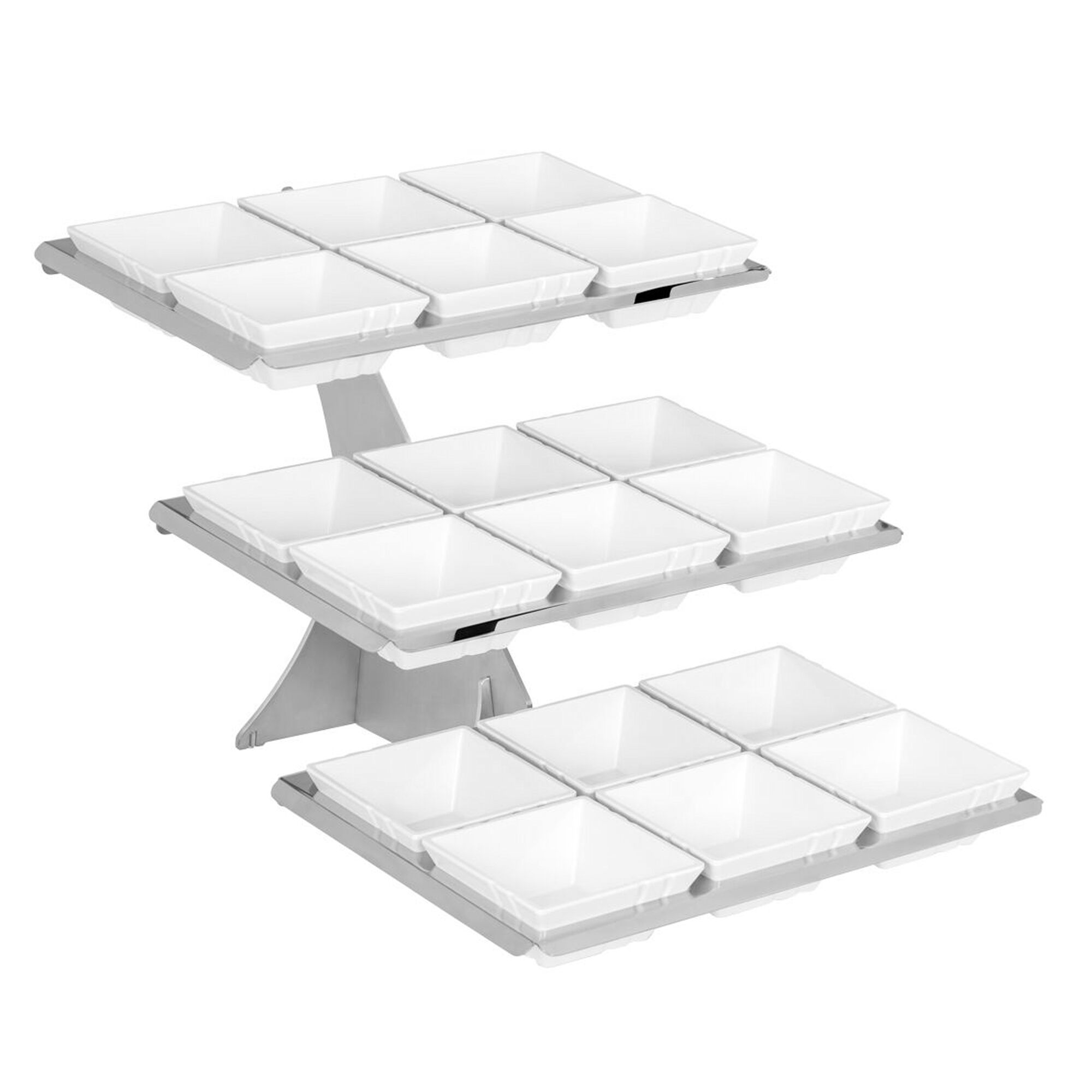 Etagere / Buffet Stand - Stainless steel frame - Chrome - square - Height: 412mm - incl. 18 Melamine bowls 140x140mm - with 3 shelves