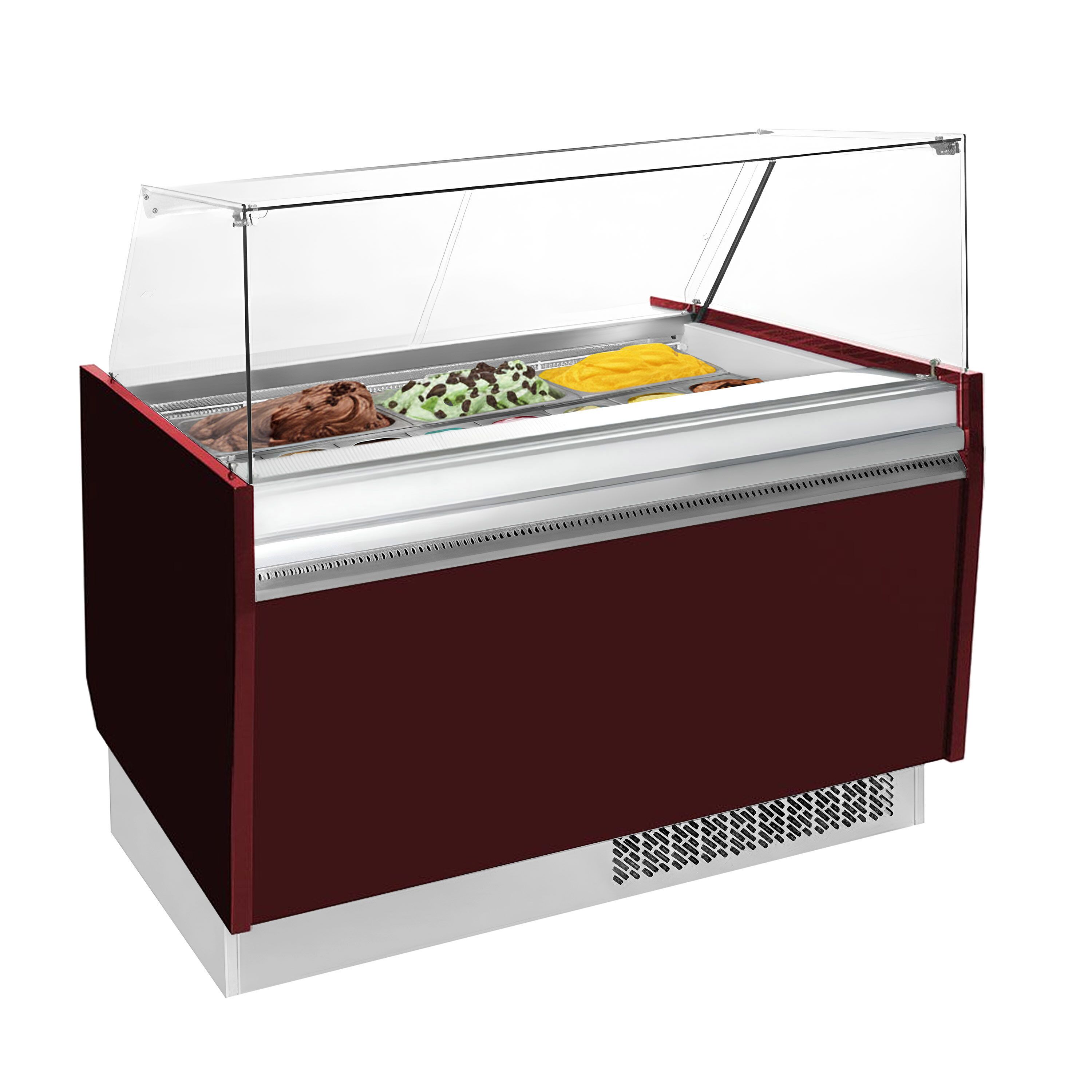 Vitrine à glace LIAM – 1310 mm – refroidissement statique – pour 10+10 bacs à glace de 5 litres – Rouge grenat