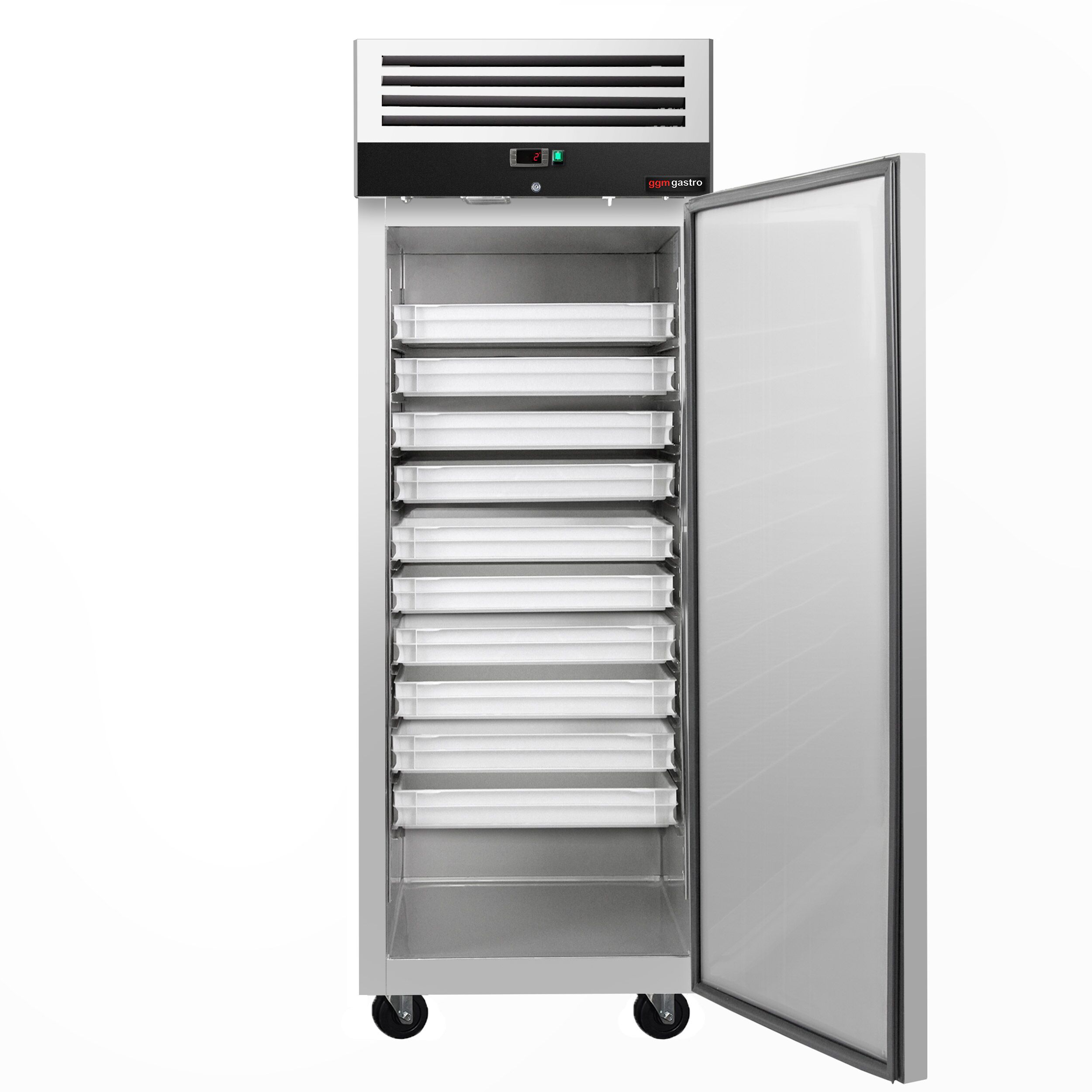 Armoire pâtissière positive Inox AISI 304 PREMIUM - EN 600 x 800 - 612 L - avec 1 porte & Glissières & 10 paires de rails en acier inox - Noire - Classe climatique 4 - Roulettes