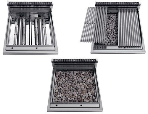 Grill à pierre de lave à gaz – 14 kW – grille inclinable – incl. soubassement avec 2 portes