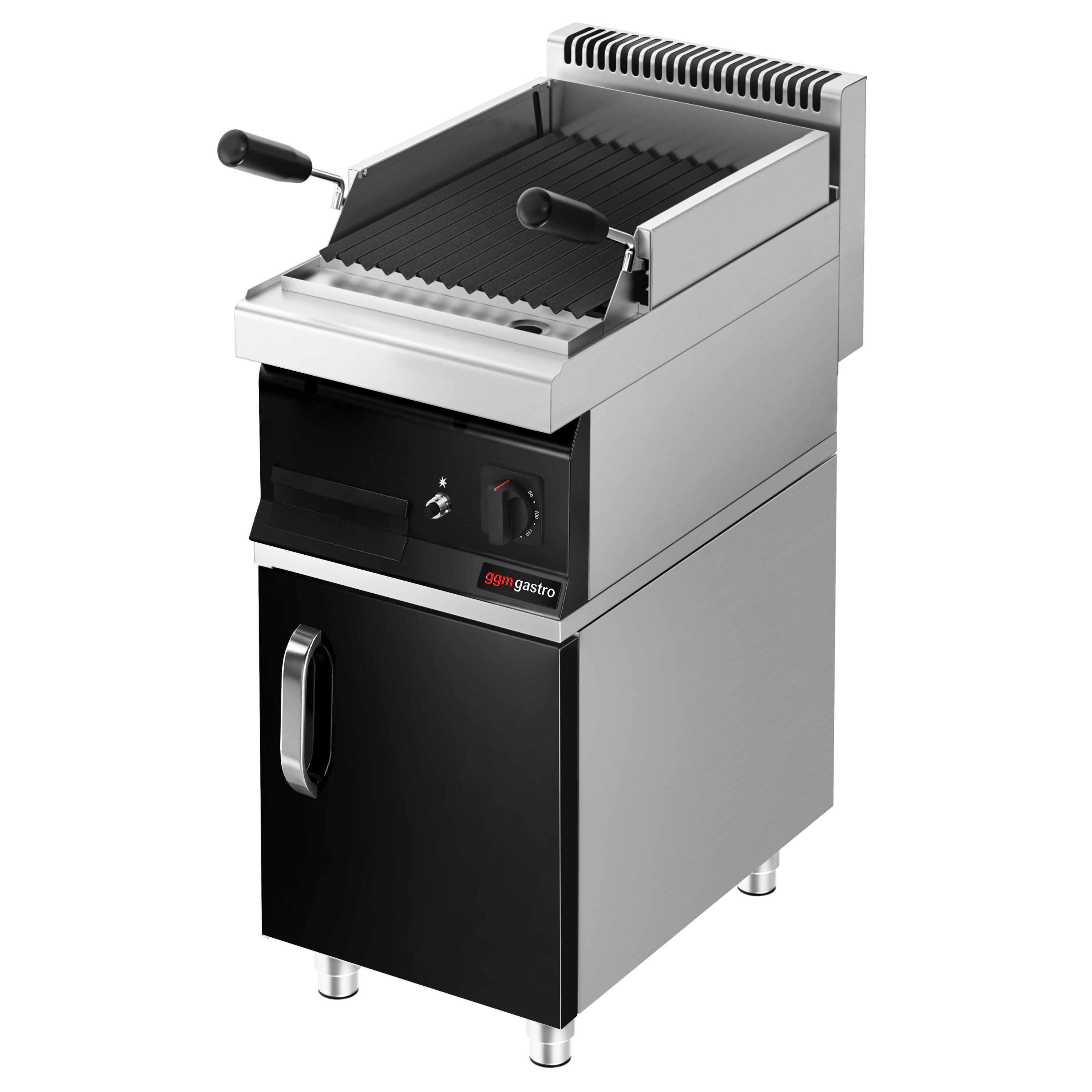 Commercial Gas Lava Rock Chargrill Mario 700 - 400mm - Freestanding - with Cabinet Base - 700mm Deep - Tilting Grill Grid - Black-front Fascia - incl. cabinet base - 1 Door