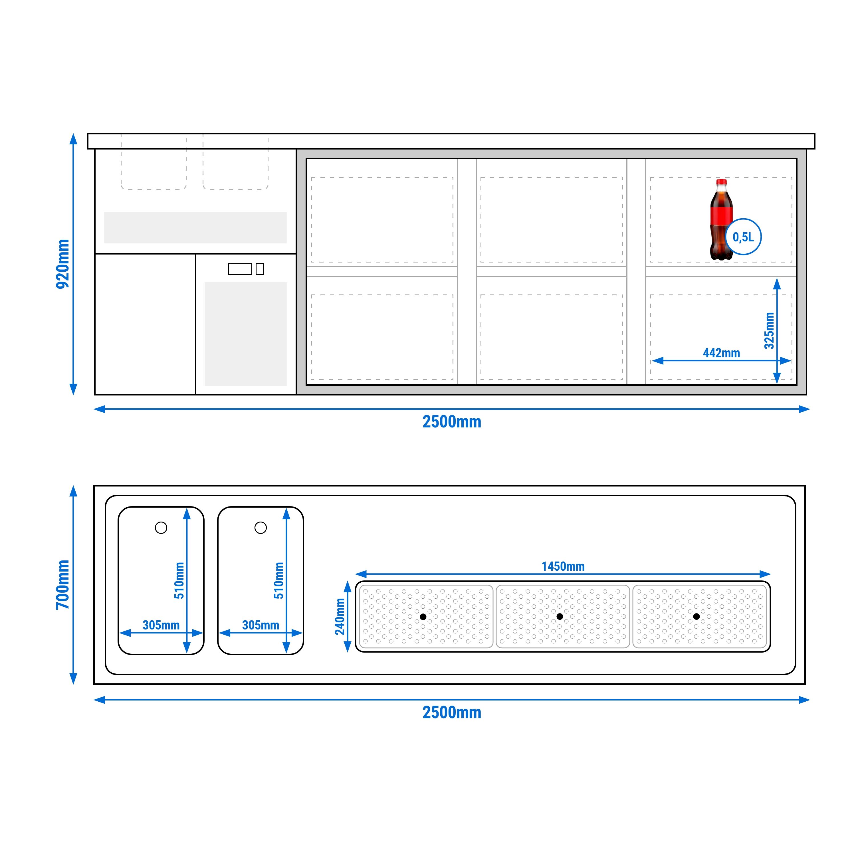 Comptoir de bar réfrigéré Premium PLUS - 2500x700mm - 6 tiroirs