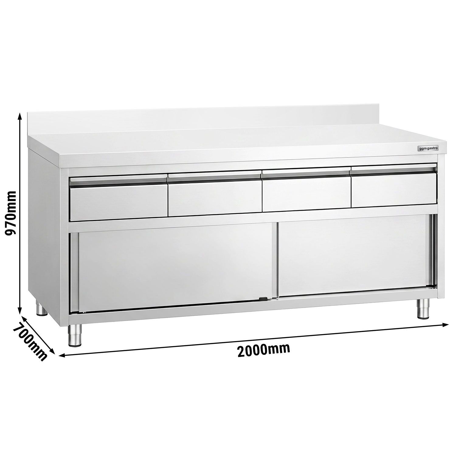 Edelstahl Arbeitsschrank PREMIUM - 2000x700mm - mit 4 Schubladen & Aufkantung