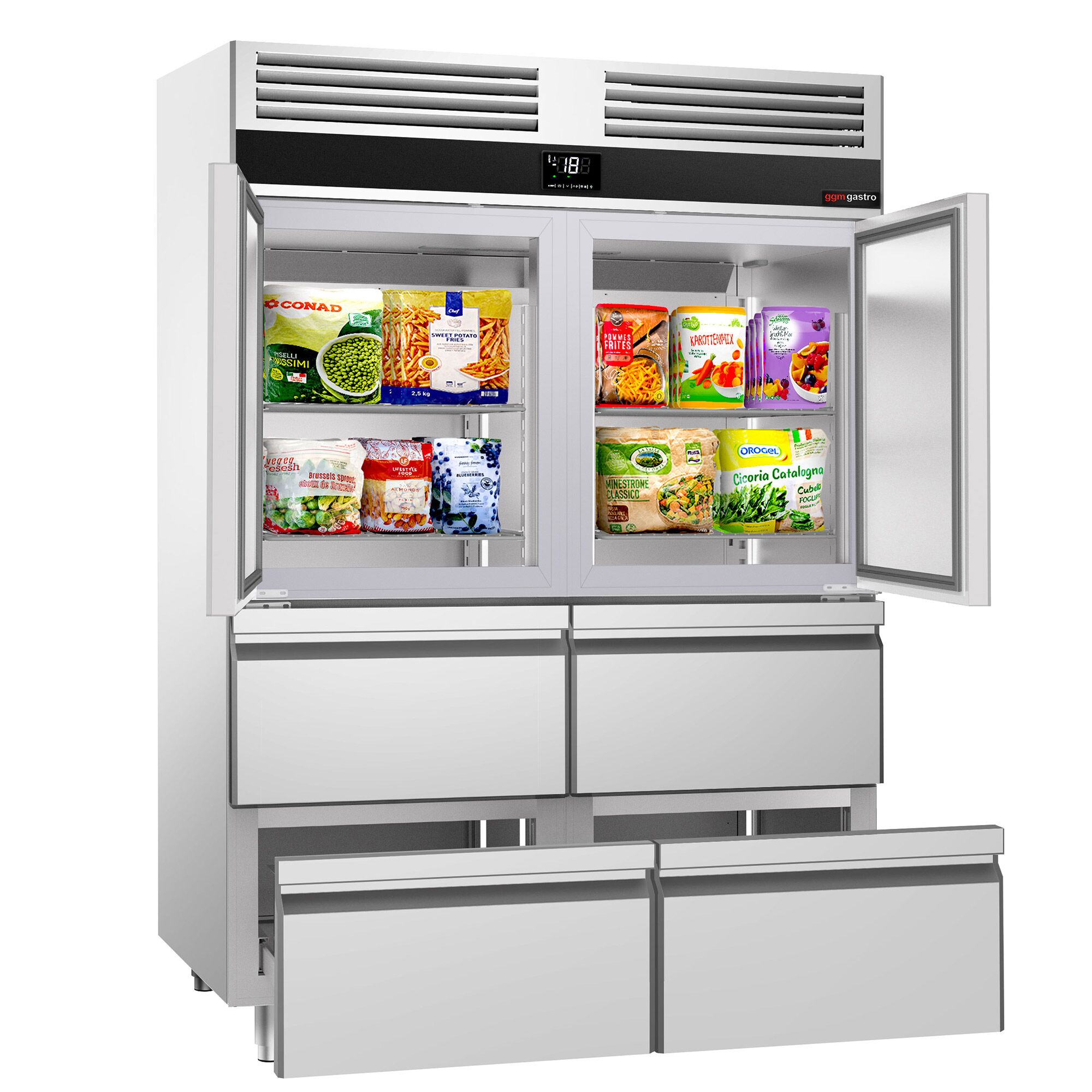Armoire réfrigérée négative en acier inoxydable PREMIUM - GN 2/1 - 1400 L - avec 2 demi-portes & 4 tiroirs