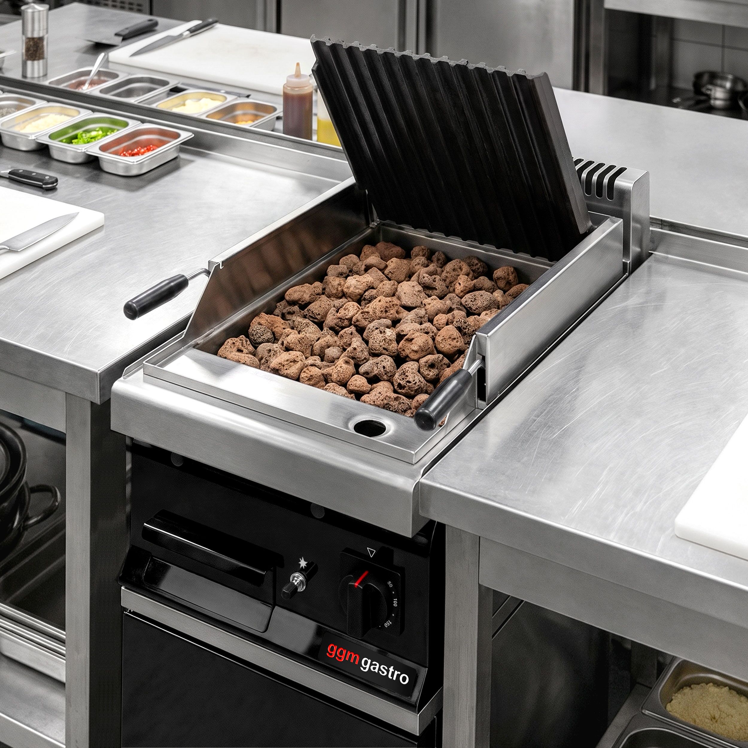 Commercial Gas Lava Rock Chargrill MARIO 700 - 400mm - Countertop - 700mm Deep - 1 Grill Grid - Tilting Grill Grid - Black-front Fascia
