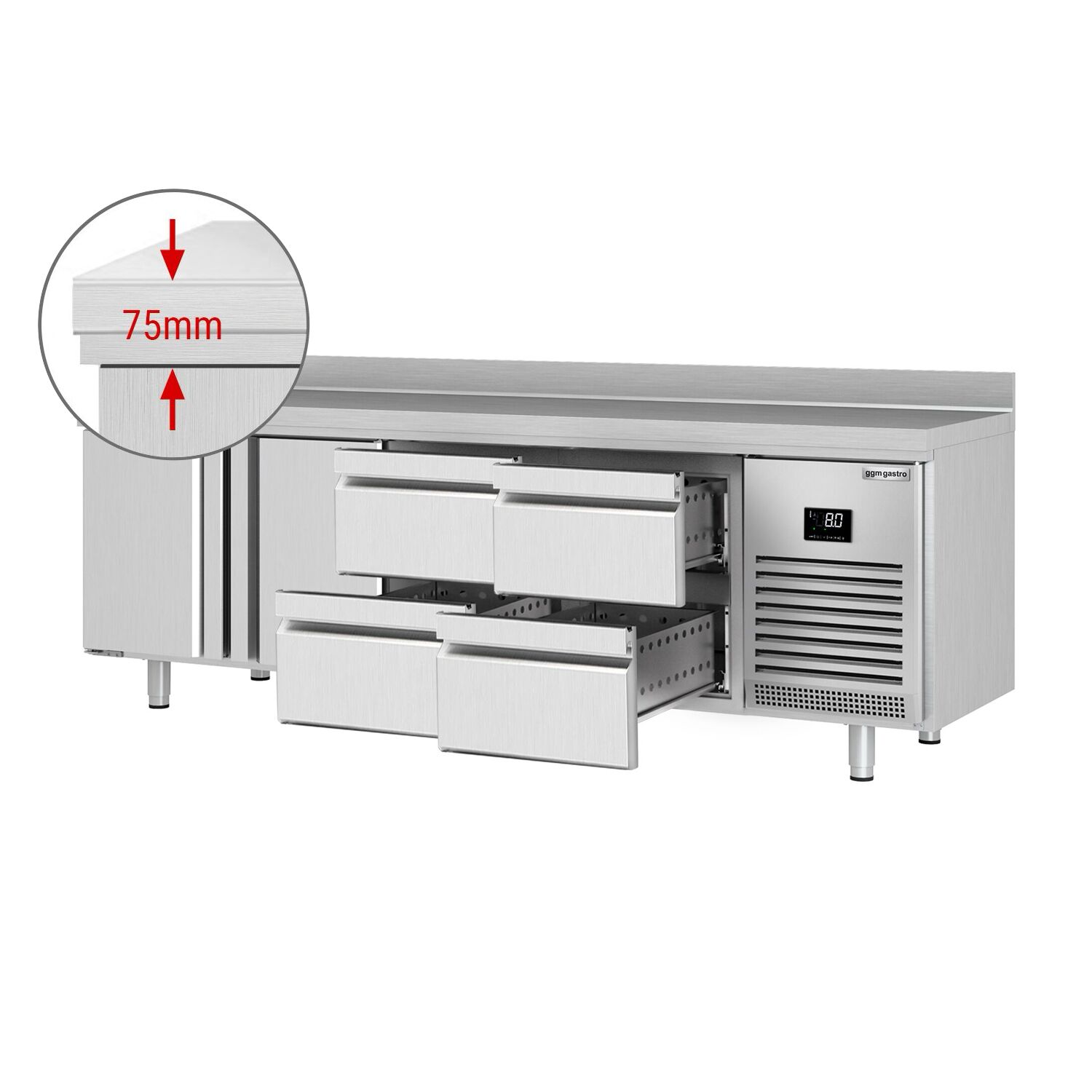 Table réfrigérée Premium PLUS - 2452 x 700 mm - avec 2 portes - 4 tiroirs - avec dosseret