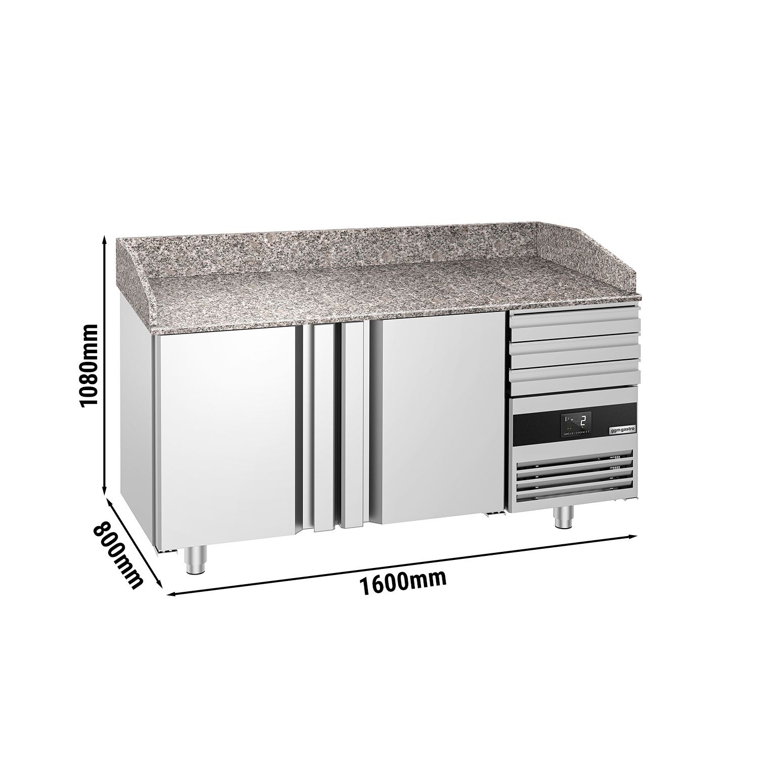 Table réfrigérée à pizza PREMIUM - 1600x800 mm - avec 2 portes & 3 tiroirs