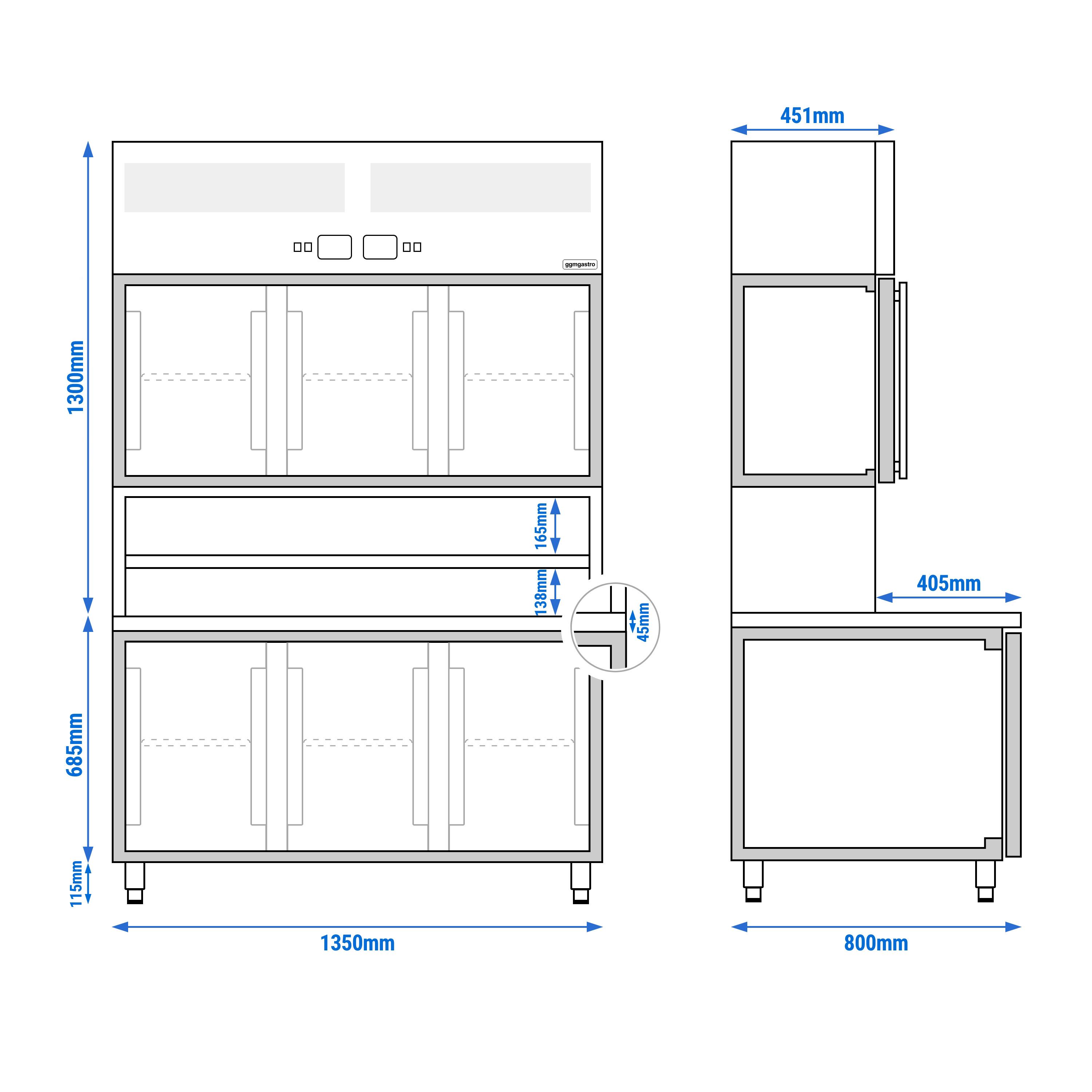 Table réfrigérée avec étagère murale réfrigérée - 1350x800 mm - 3 portes vitrées en haut, 3 portes en bas - surface de travail