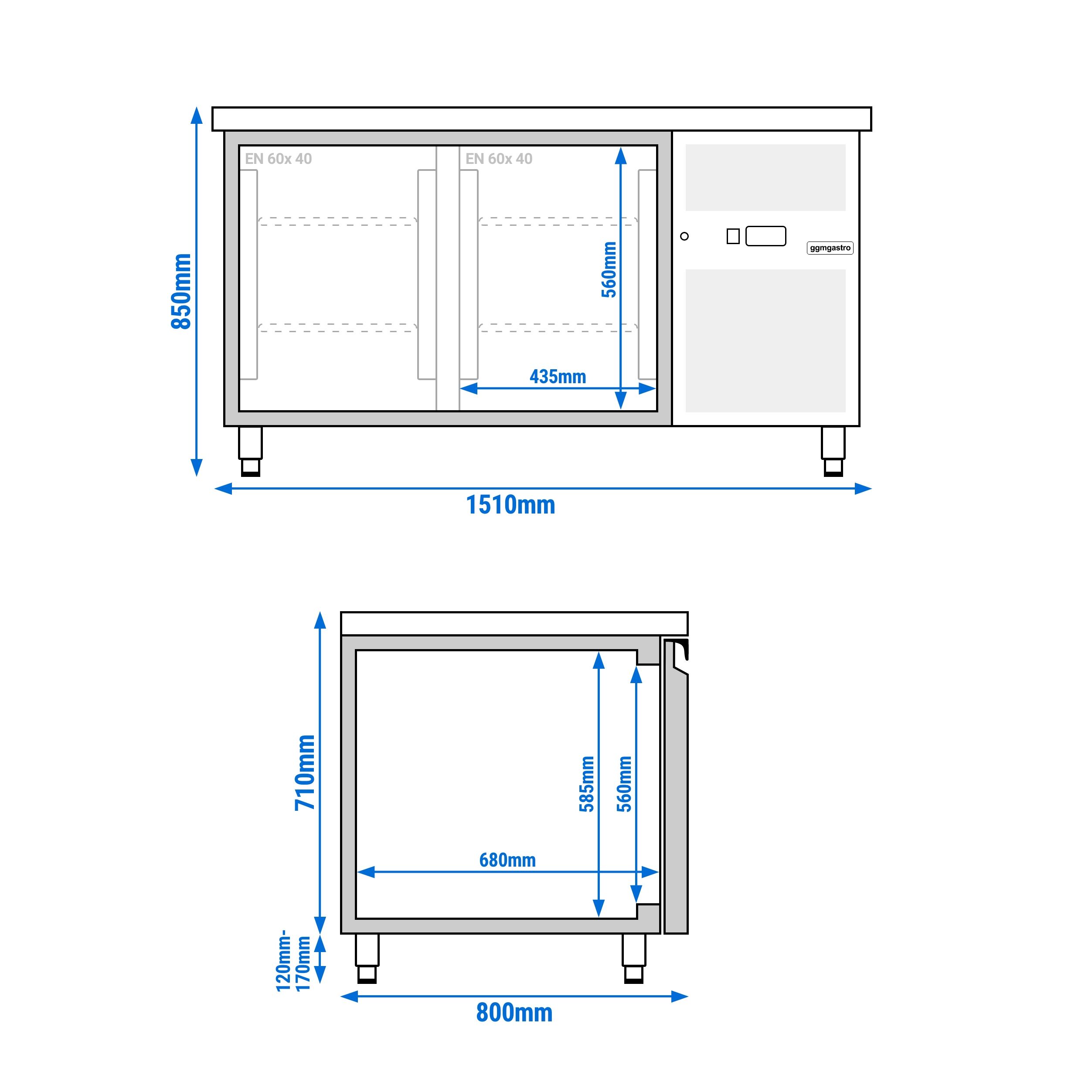 Table réfrigérée de boulangerie PREMIUM - 1500x800 mm - avec 2 portes