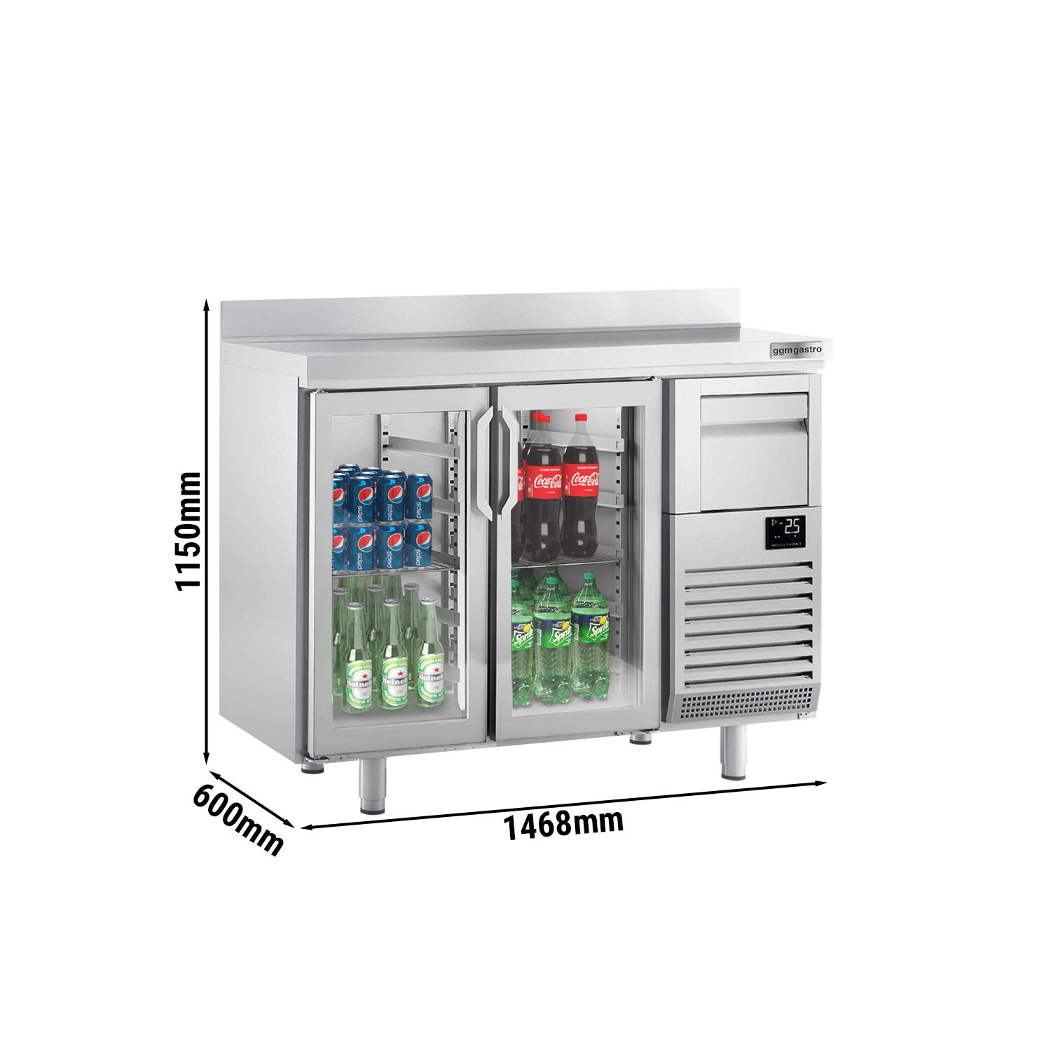 Commercial Back Bar Bottle Cooler PREMIUM PLUS - 1468x600x1150mm - 340L - with 2 Hinged Glass Doors, upstand & knock box for coffee