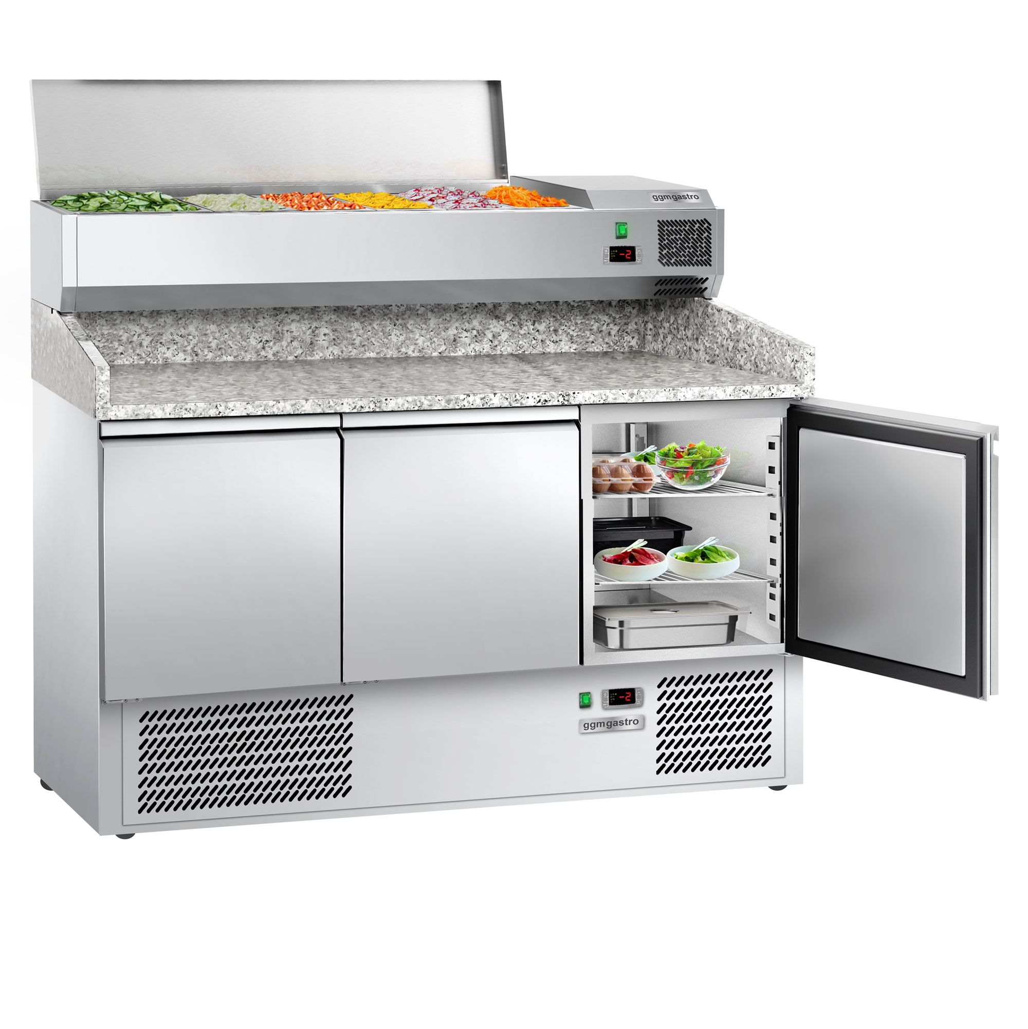 Table réfrigérée pour pizza ECO - 1400 x 700 mm - avec 3 portes - incl. vitrine réfrigérée - 6 x GN 1/4