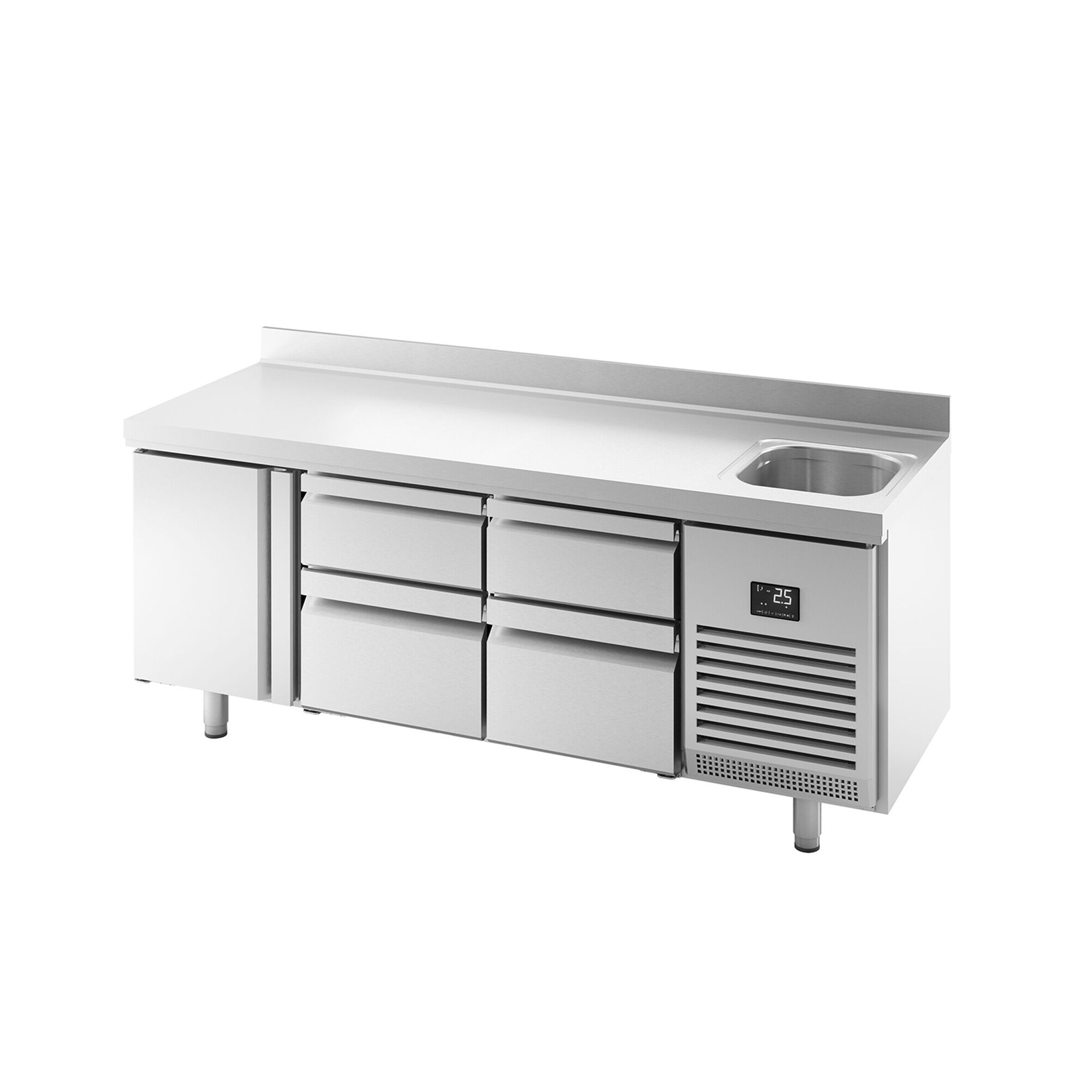 Table réfrigérée Premium PLUS - 1960 x 700 mm - avec 1 bac, 1 porte, 4 tiroirs - dosseret