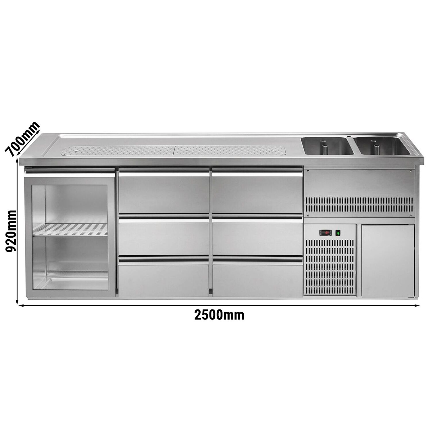 Comptoir de bar réfrigéré Premium PLUS - 2500x700mm - 1 porte vitrée & 6 tiroirs	