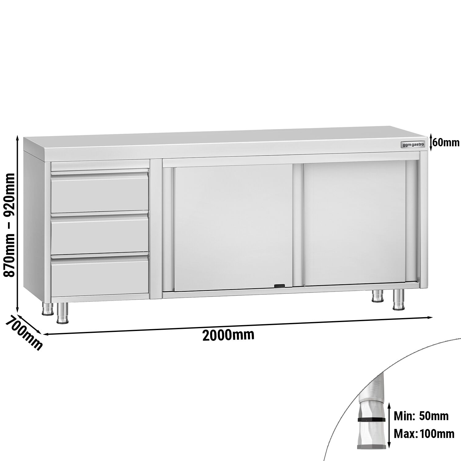 Table armoire en acier inoxydable ECO - 2000x700mm - avec 3 tiroirs à gauche et portes coulissantes