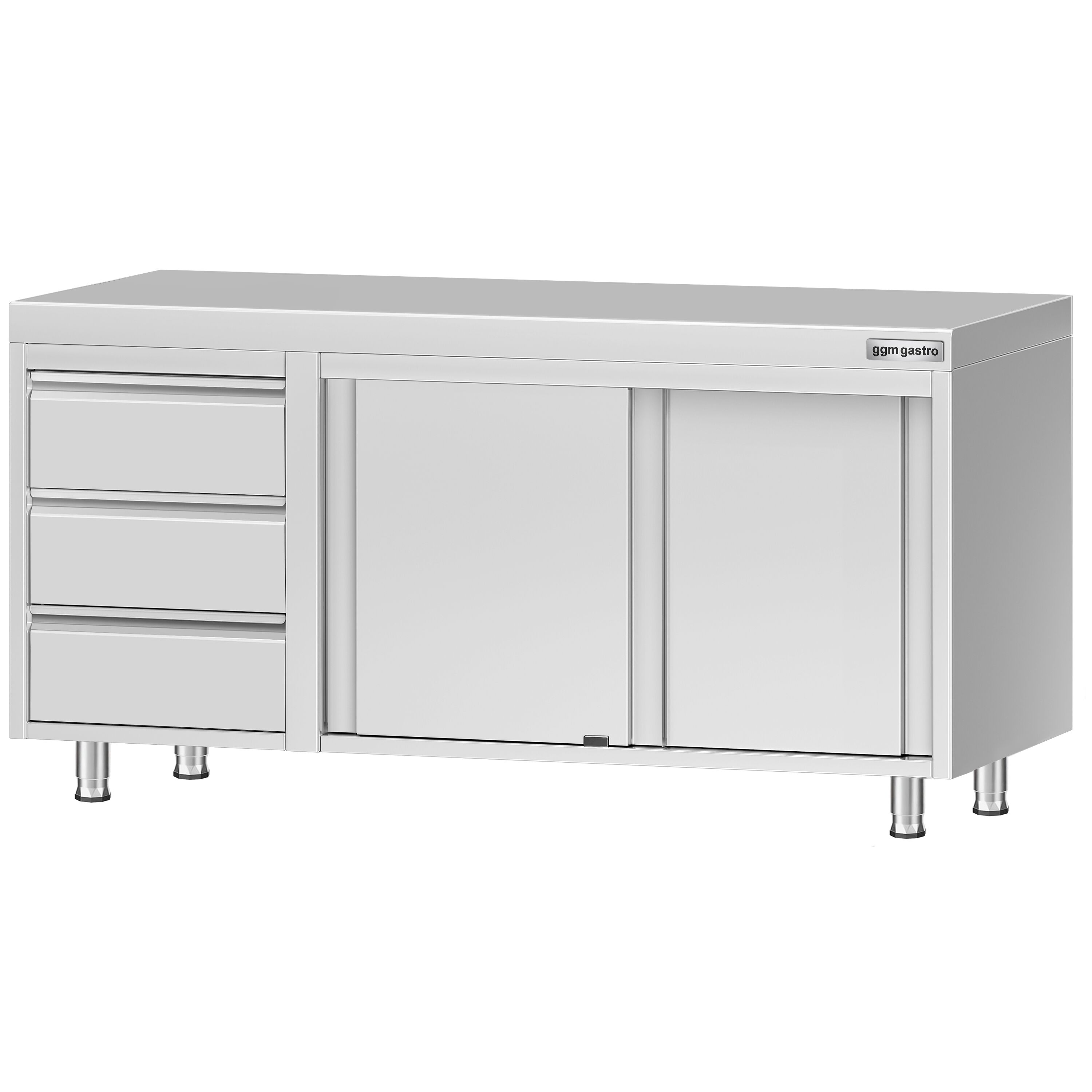 Table armoire en acier inoxydable ECO - 1600x700mm - avec 3 tiroirs à gauche et portes coulissantes