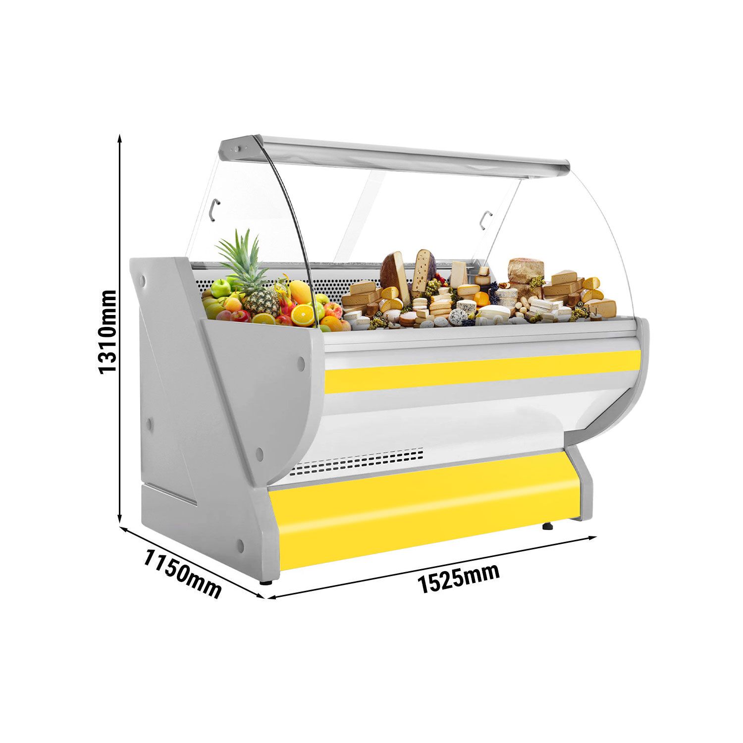 Serve Over Counter - 1525x1150mm - granite worktop - yellow front - capacity 300 litres - curved front glass
