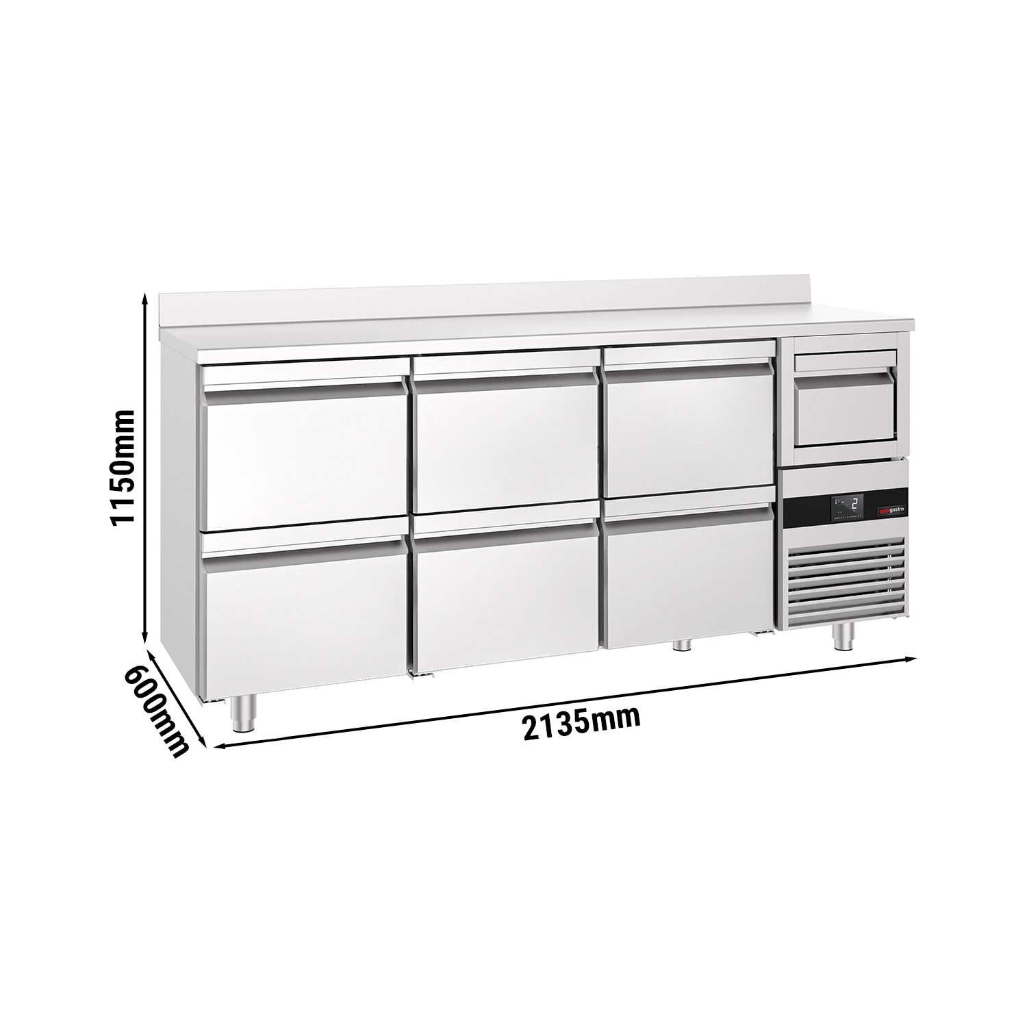 Barkylbänk PREMIUM - 2135x600 mm - 570 liter - 6 lådor GN 1/2, stänkkant & utklopp för kaffe
