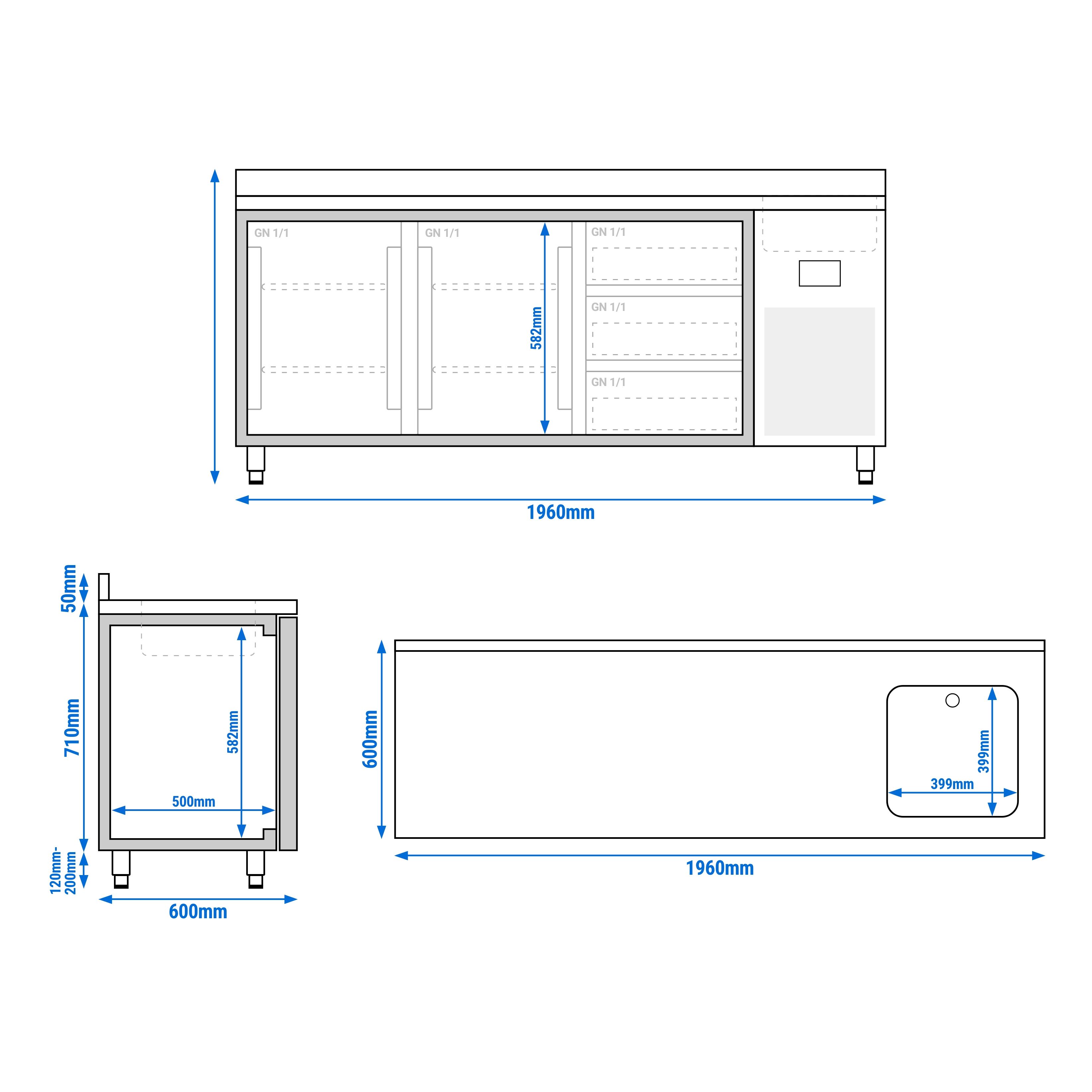 Table réfrigérée Premium PLUS - 1960 x 600 mm - avec 1 bac, 2 portes, 3 tiroirs - dosseret
