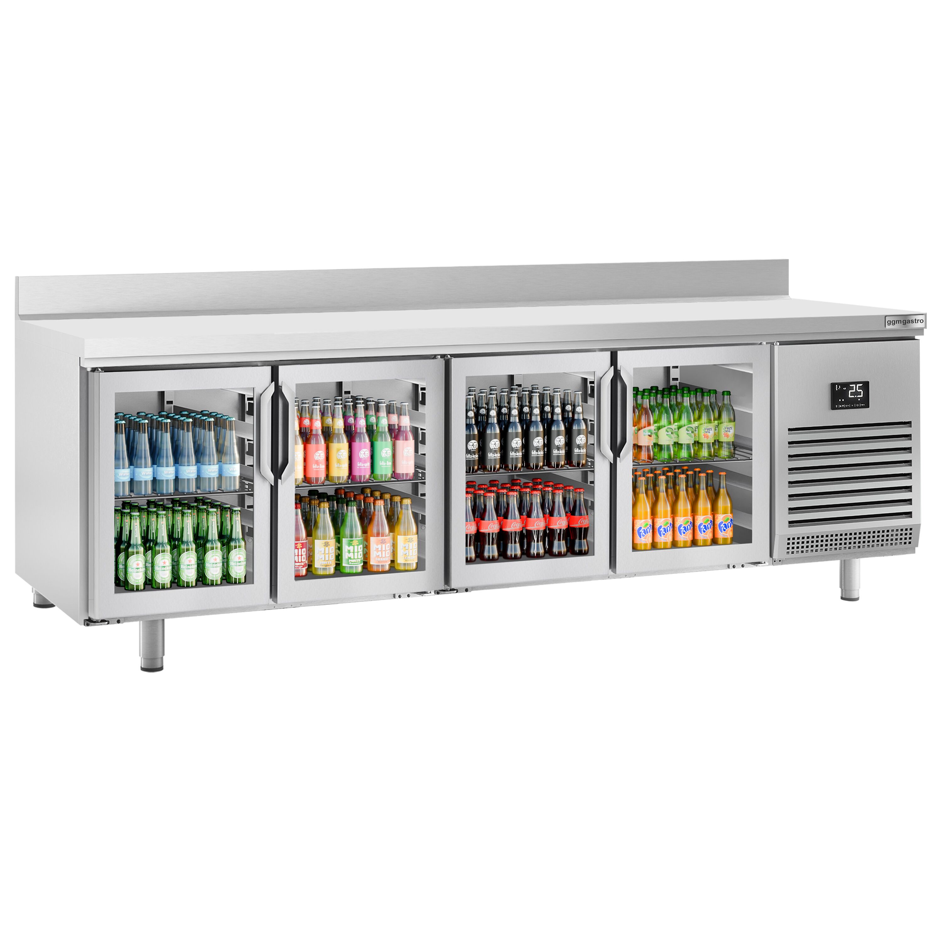 Commercial Counter Fridge PREMIUM PLUS - 2452x600mm - glass doors - with upstand - with 4 doors - capacity 525 litres