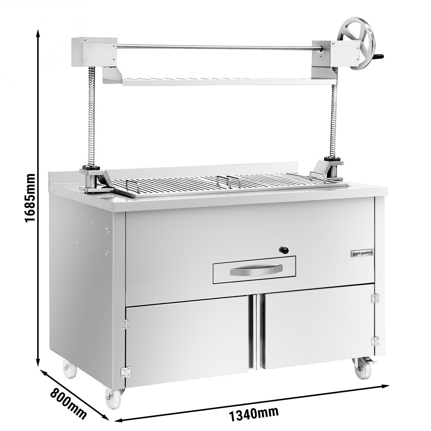 Barbecue au charbon de bois – 1340 mm – avec système de levage & 1 tiroir – grille : 1070 x 470 mm