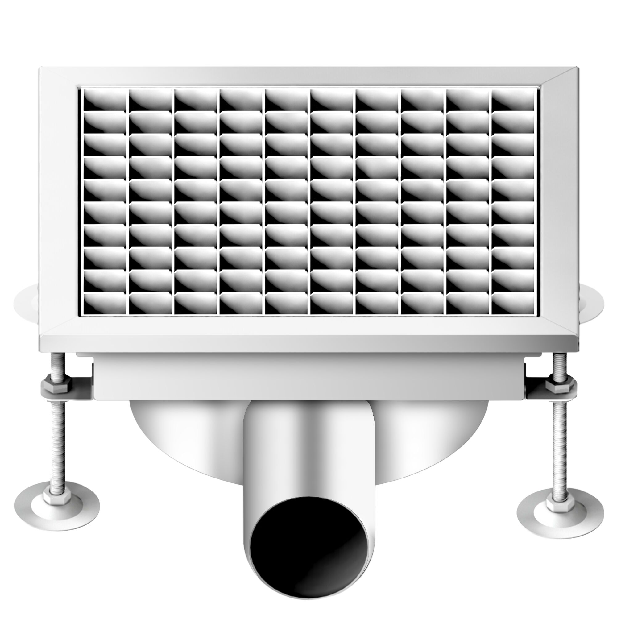 Caniveau de sol en acier inoxydable - 300x300mm - sortie horizontale Ø70mm - avec caillebotis