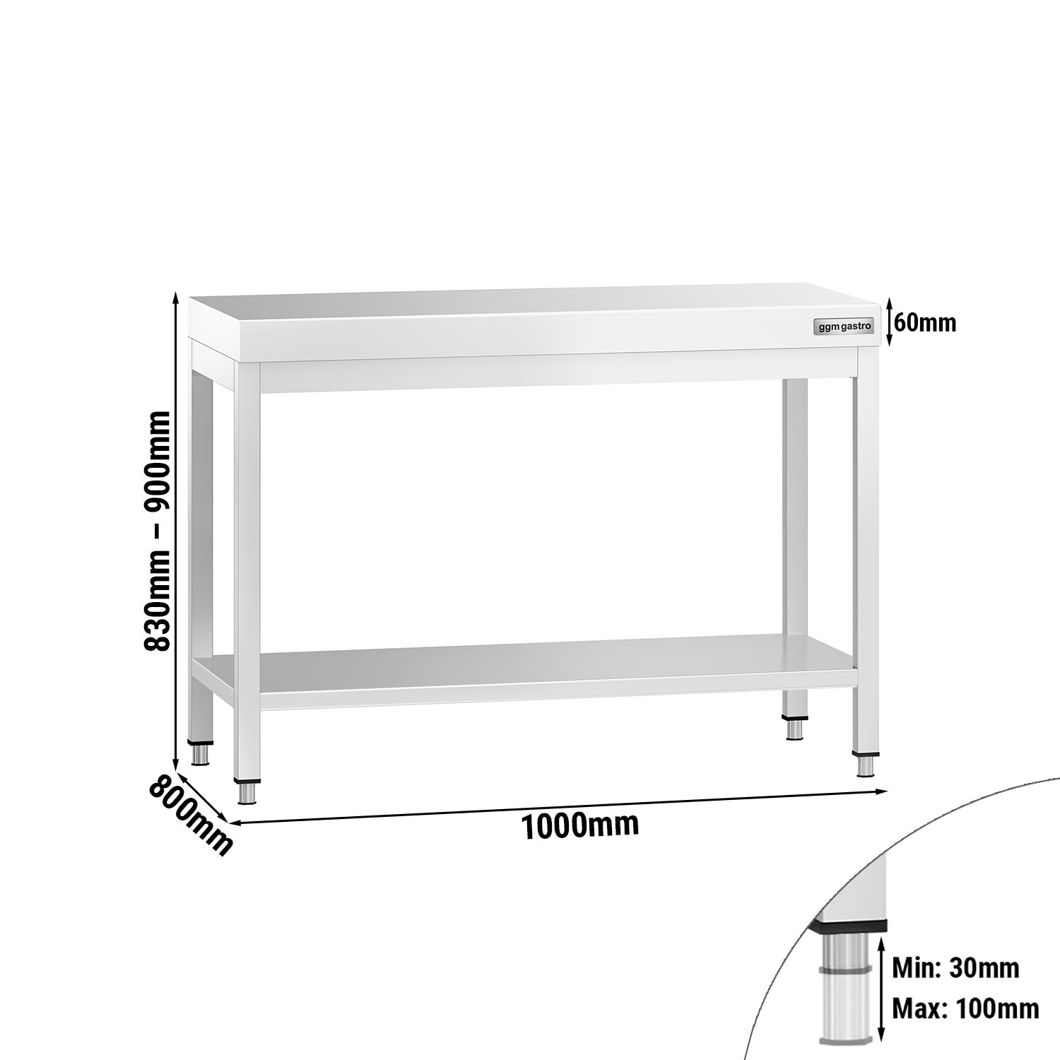 Table de travail inox PREMIUM - 1000 x 800 mm - avec tablette inférieure
