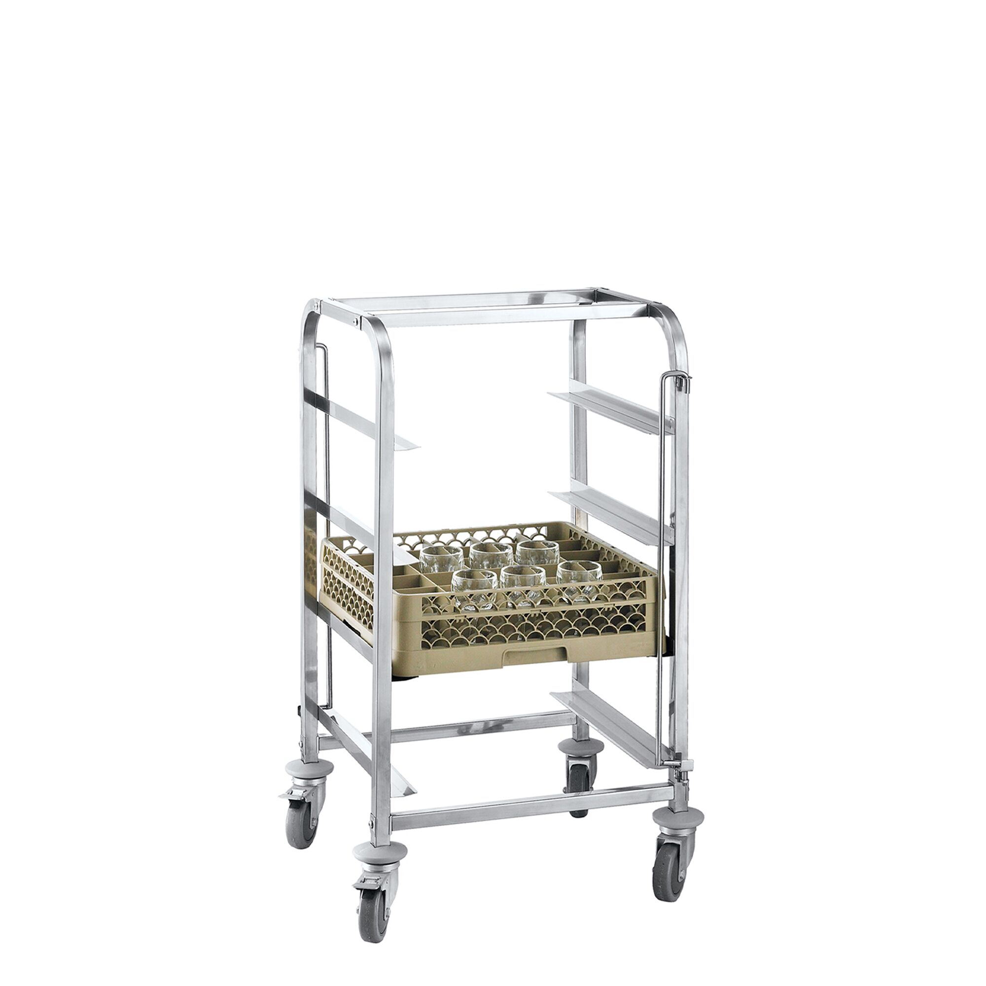 Chariot de transport pour paniers à vaisselle en acier inoxydable - 455x400mm - avec 4 surfaces de rangement en acier inoxydable - avec poignée