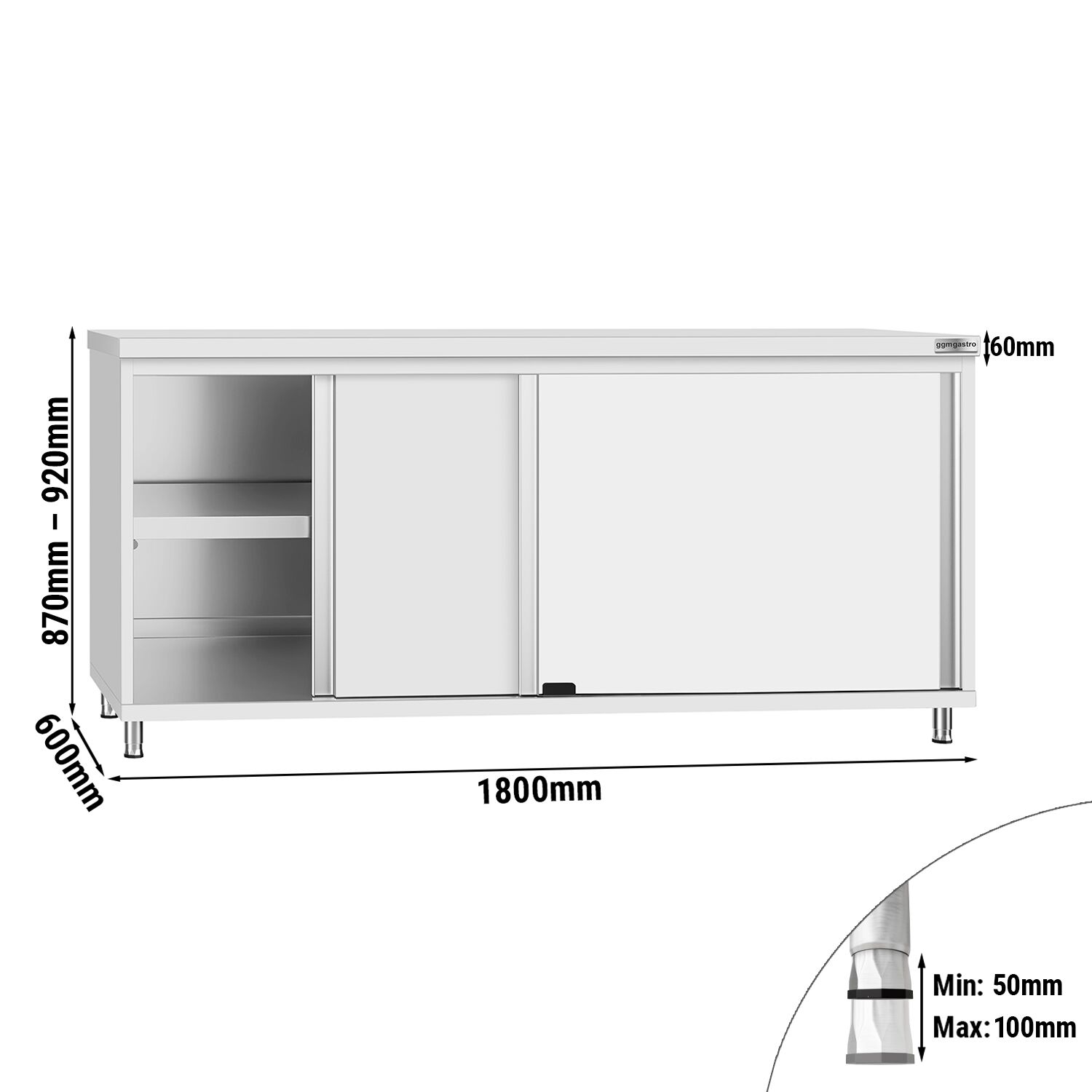 Ruostumattomasta teräksestä työkaappi ECO - 1800x600 mm - 2 liukuovea