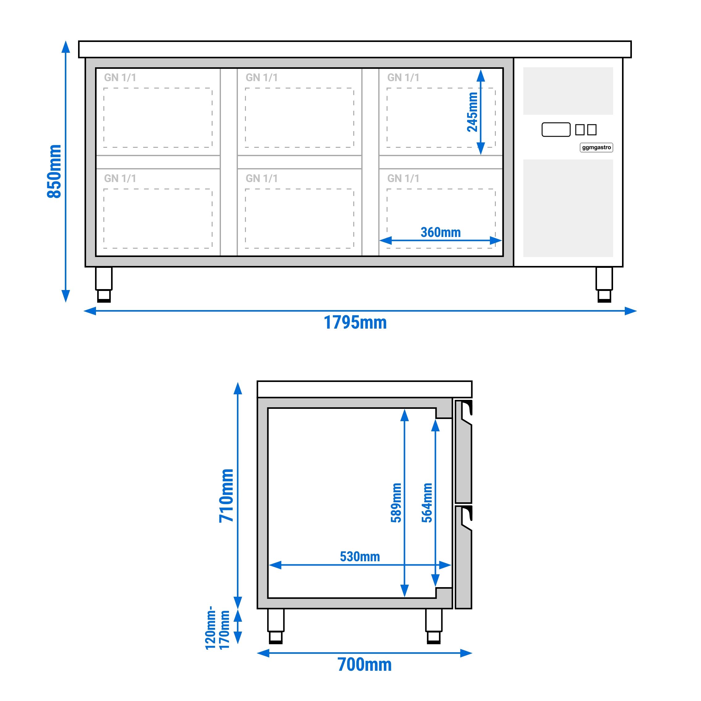Kylbänk ECO - 1795x700 mm - 417 l - Fläktkyla - GN 1/1 - med 6 lådor