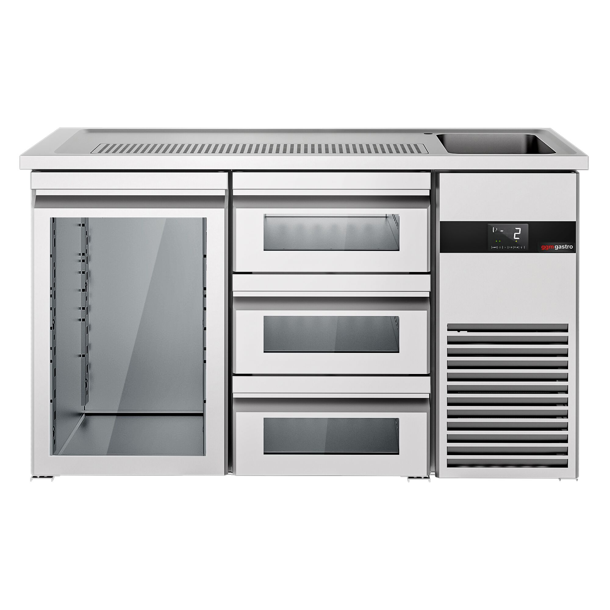 Comptoir de bar réfrigéré PREMIUM - 1550x700mm - 1 porte vitrée & 3 tiroirs en verre