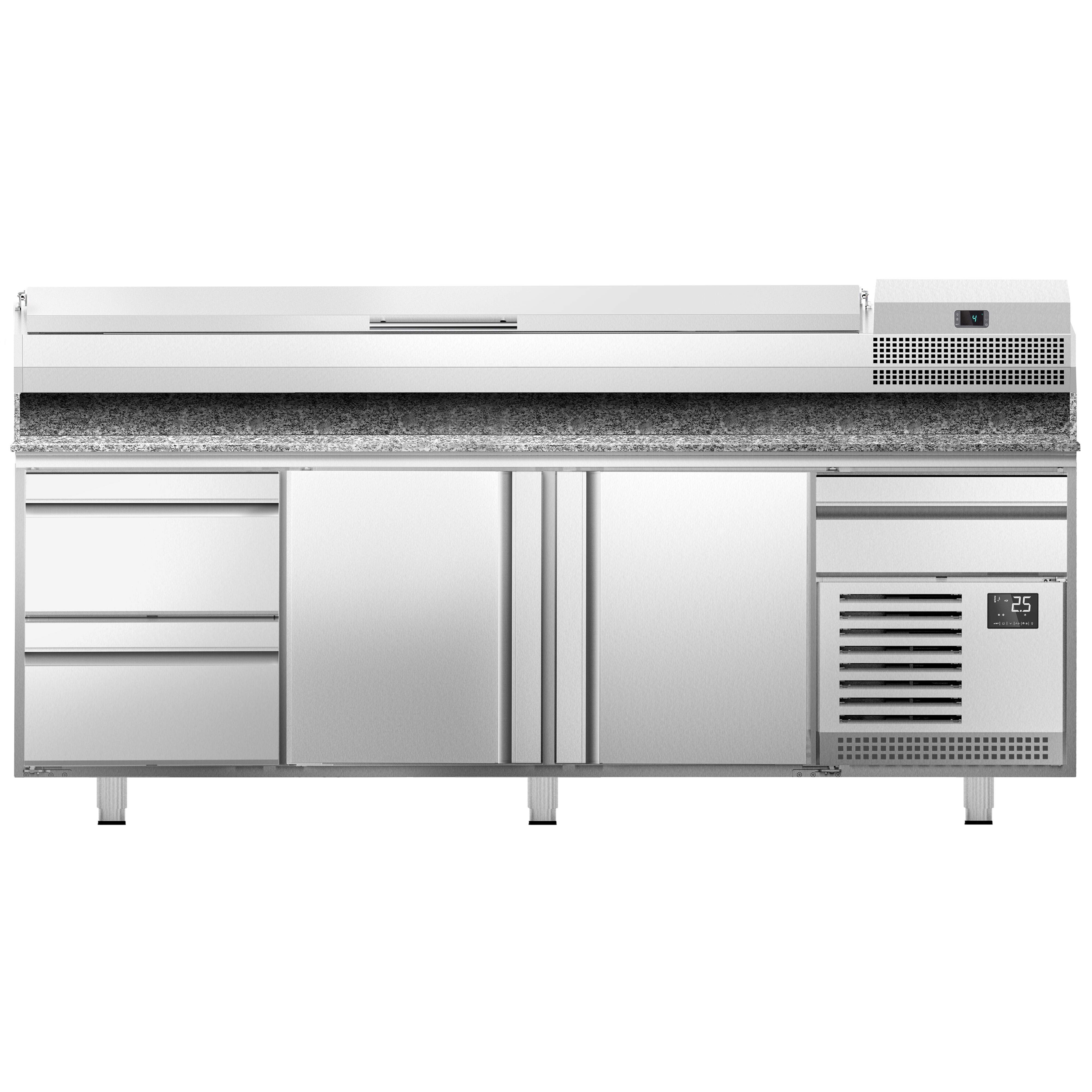 Table réfrigérée à pizza Premium PLUS - 2305 x 800 mm - avec 2 portes & 3 tiroirs - incl. vitrine réfrigérée de présentation - 10x GN 1/3