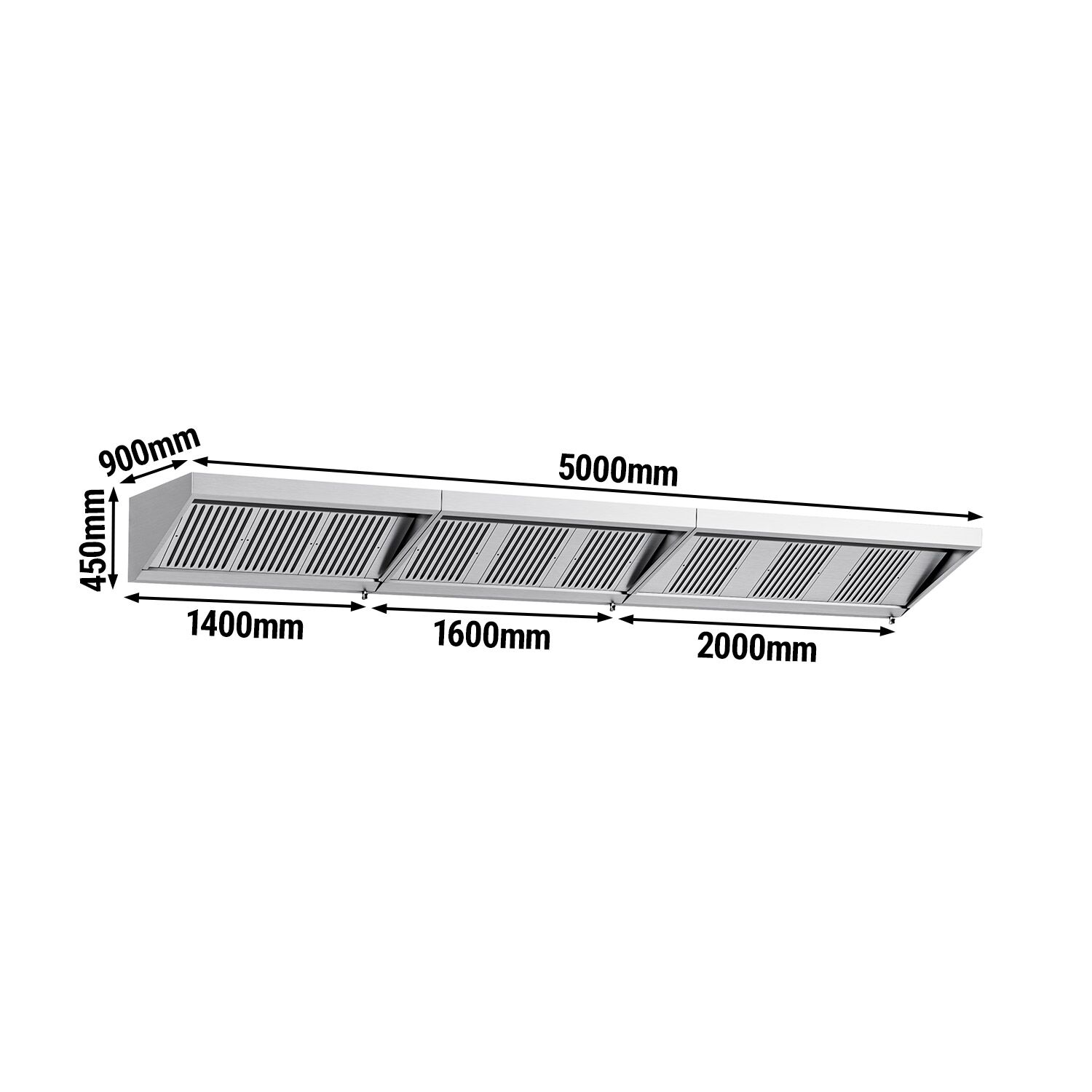 Commercial Wall-Mounted Extraction Canopy - 5000mm - with Baffle Filters & LED Lighting