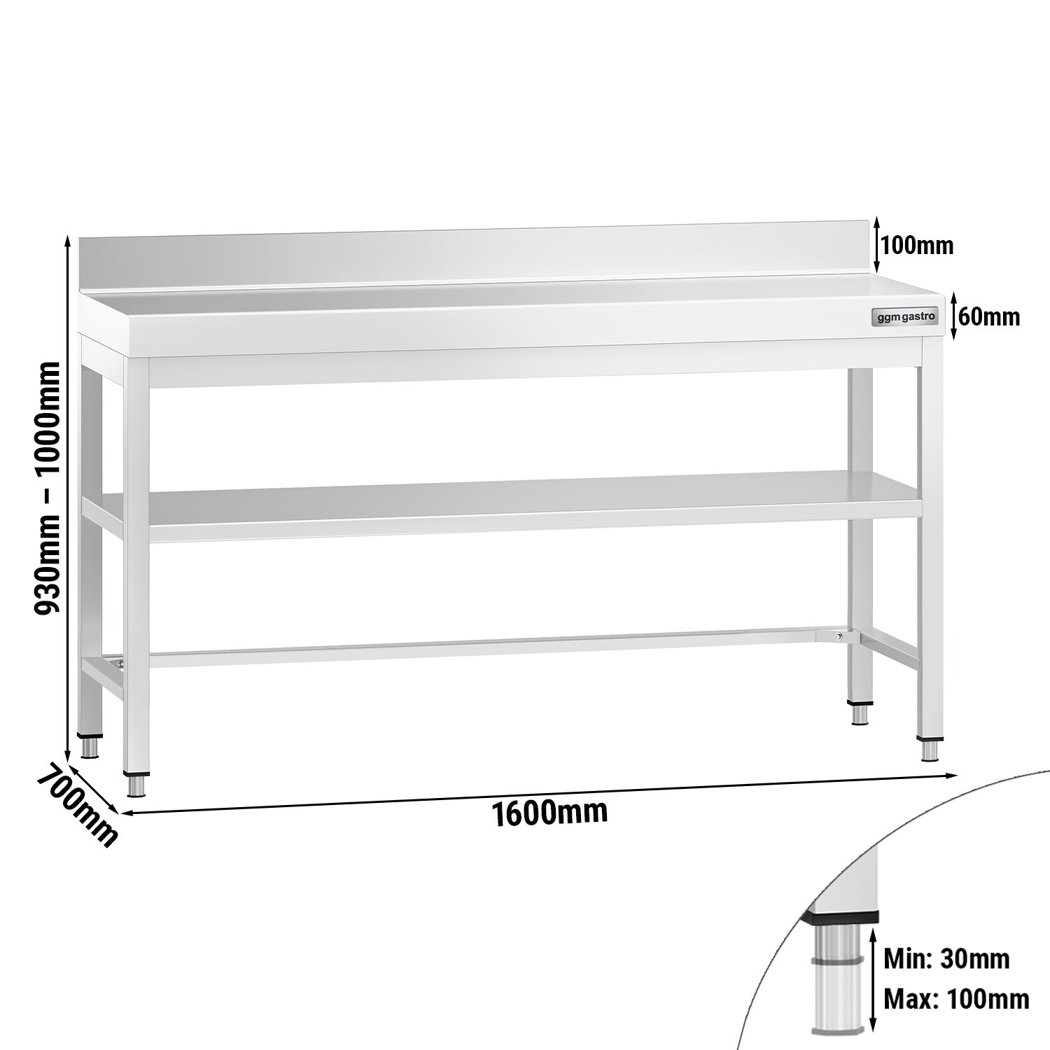 Table de travail inox PREMIUM - 1600 x 700 mm - avec tablette inférieure, Dosseret & Renforts