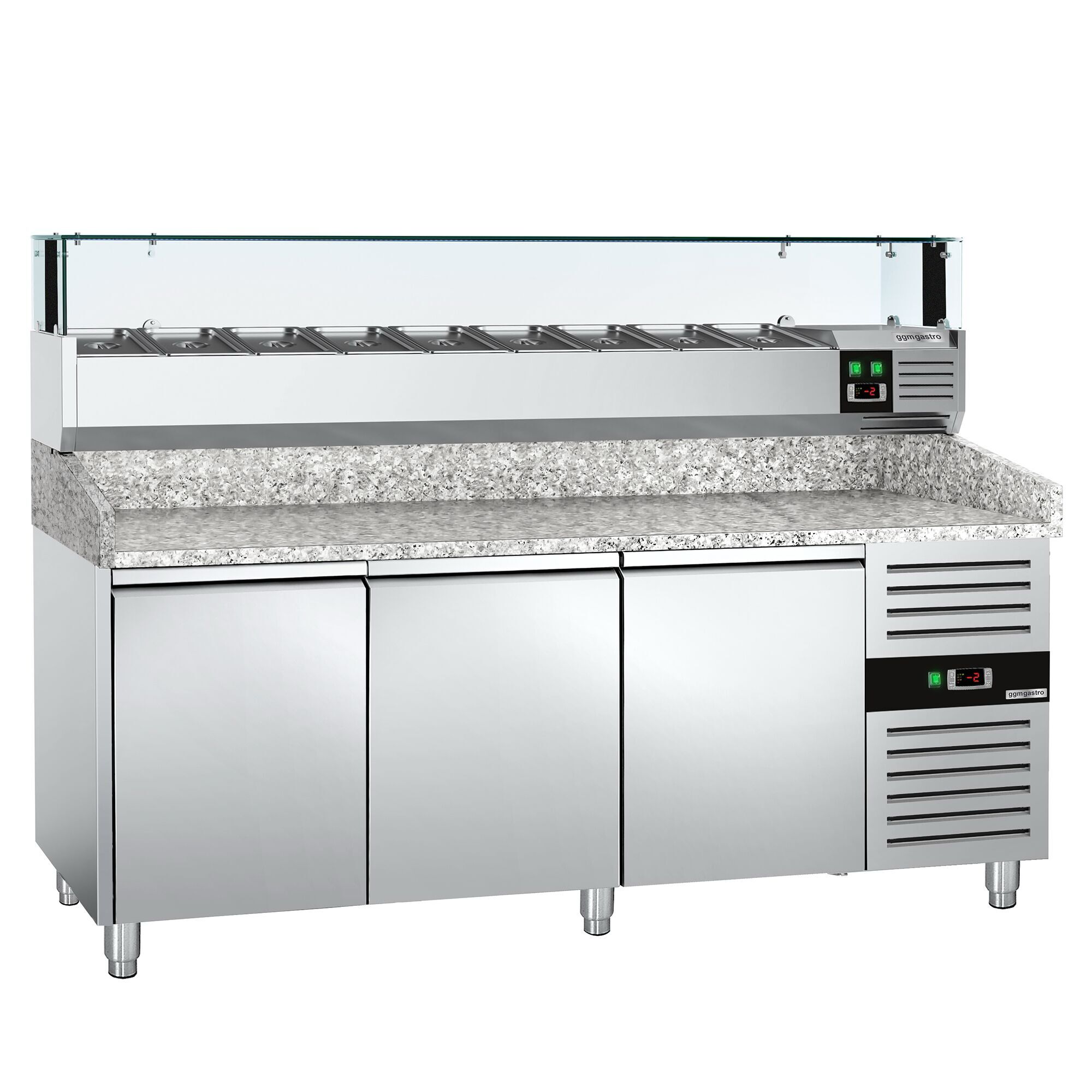 Table réfrigérée pour pizza PREMIUM - 2000 x 800 mm - avec 3 portes - incl. vitrine réfrigérée avec LED - 9 x GN 1/3