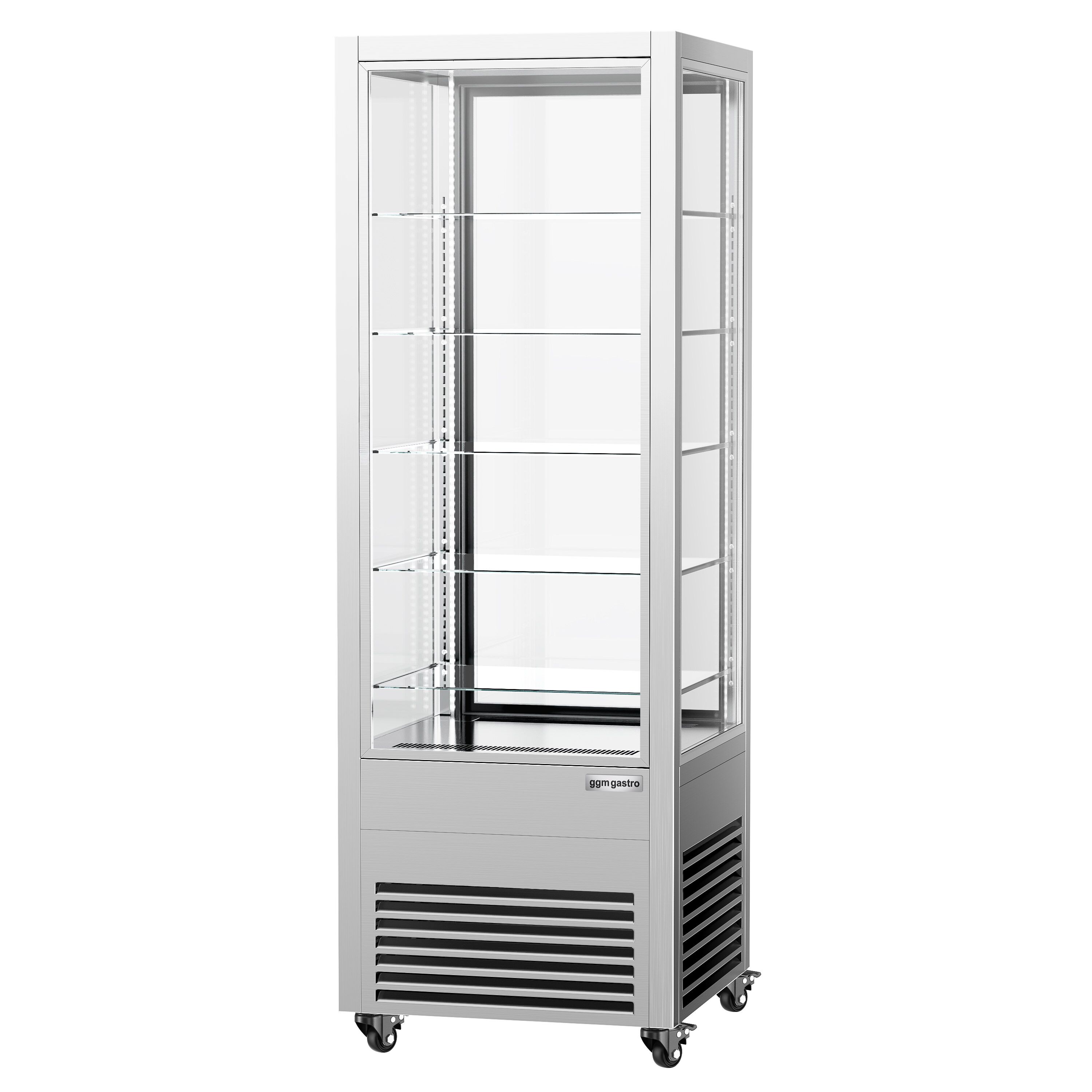 Vitrine réfrigérée 4 faces vitrées / Vitrine panoramique – 440 litres – 1 porte en verre – 5 étagères – Argent