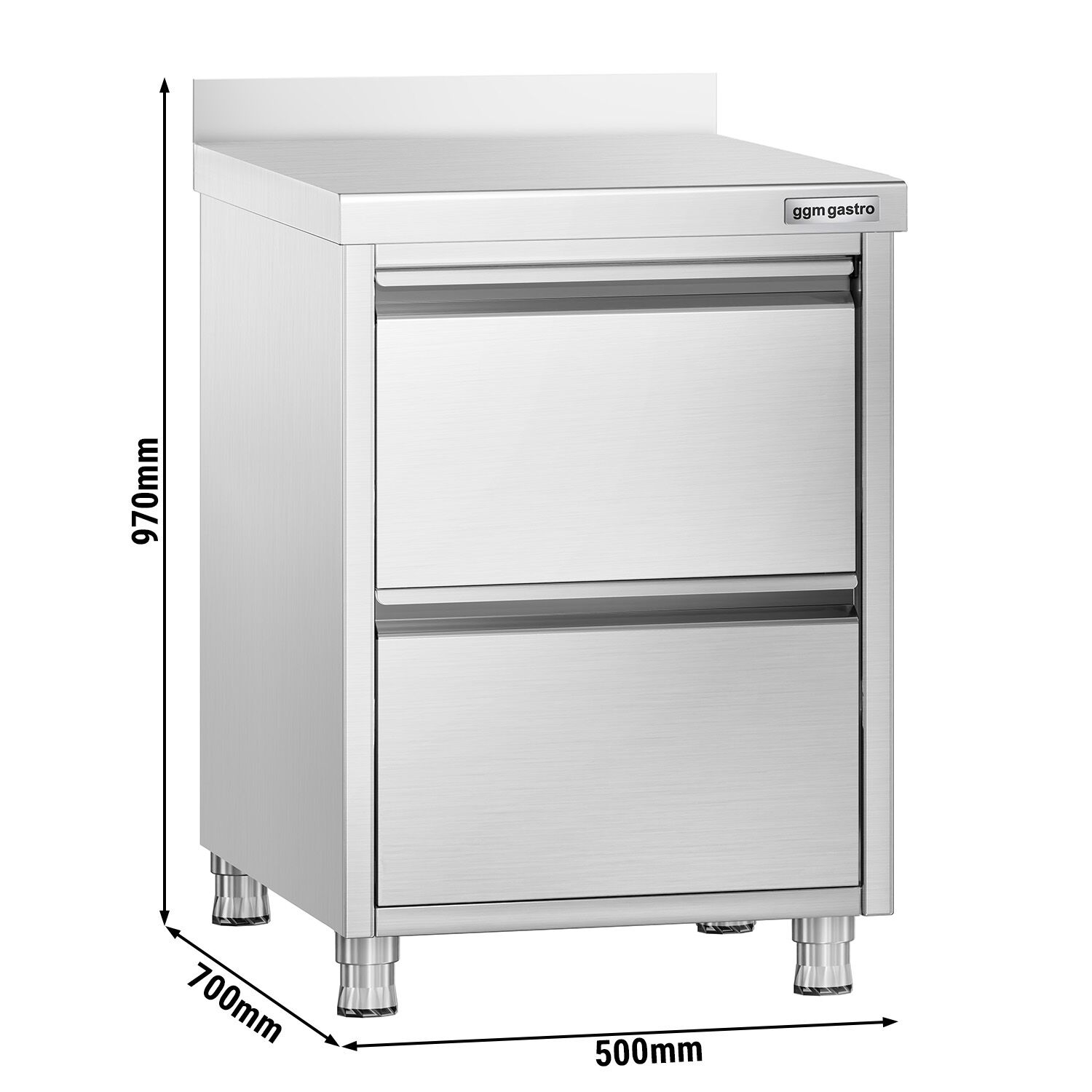 Meuble bas à tiroirs PREMIUM - Acier inoxydable - avec 2 tiroirs & dosseret 100mm - 500x700mm