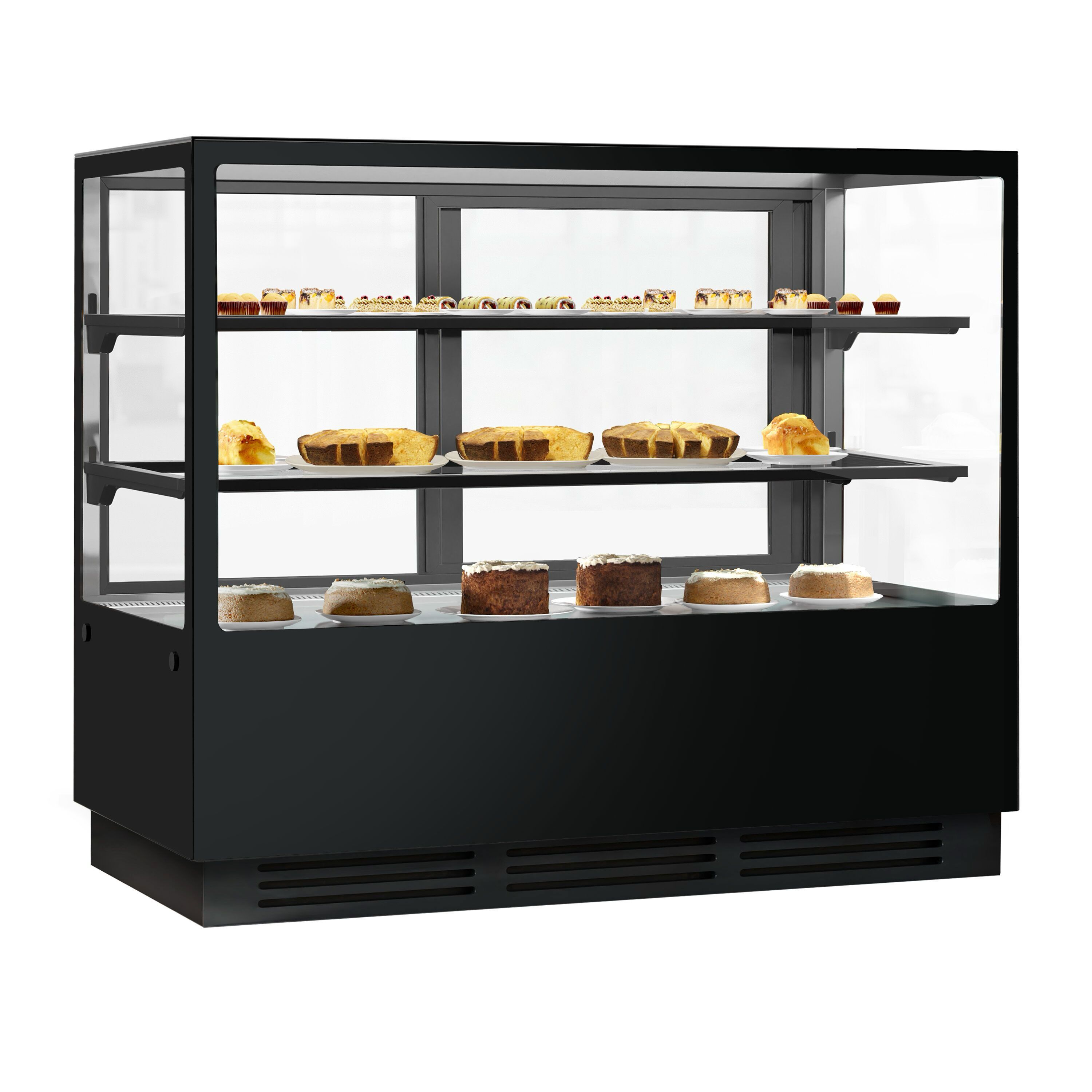 Vitrine à pâtisserie réfrigérée - 580L - 1500mm - Double vitrage - avec 2 étagères en verre - portes coulissantes vitrées arrière - Noir