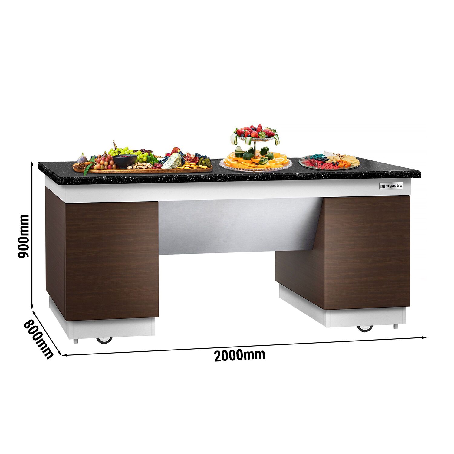 Elemento neutro | Piano di lavoro in granito - 2000x800x900mm | spessore piano:20mm - nero | con ruote | 4 porte Soft-Close | mobile | ungekühlt
