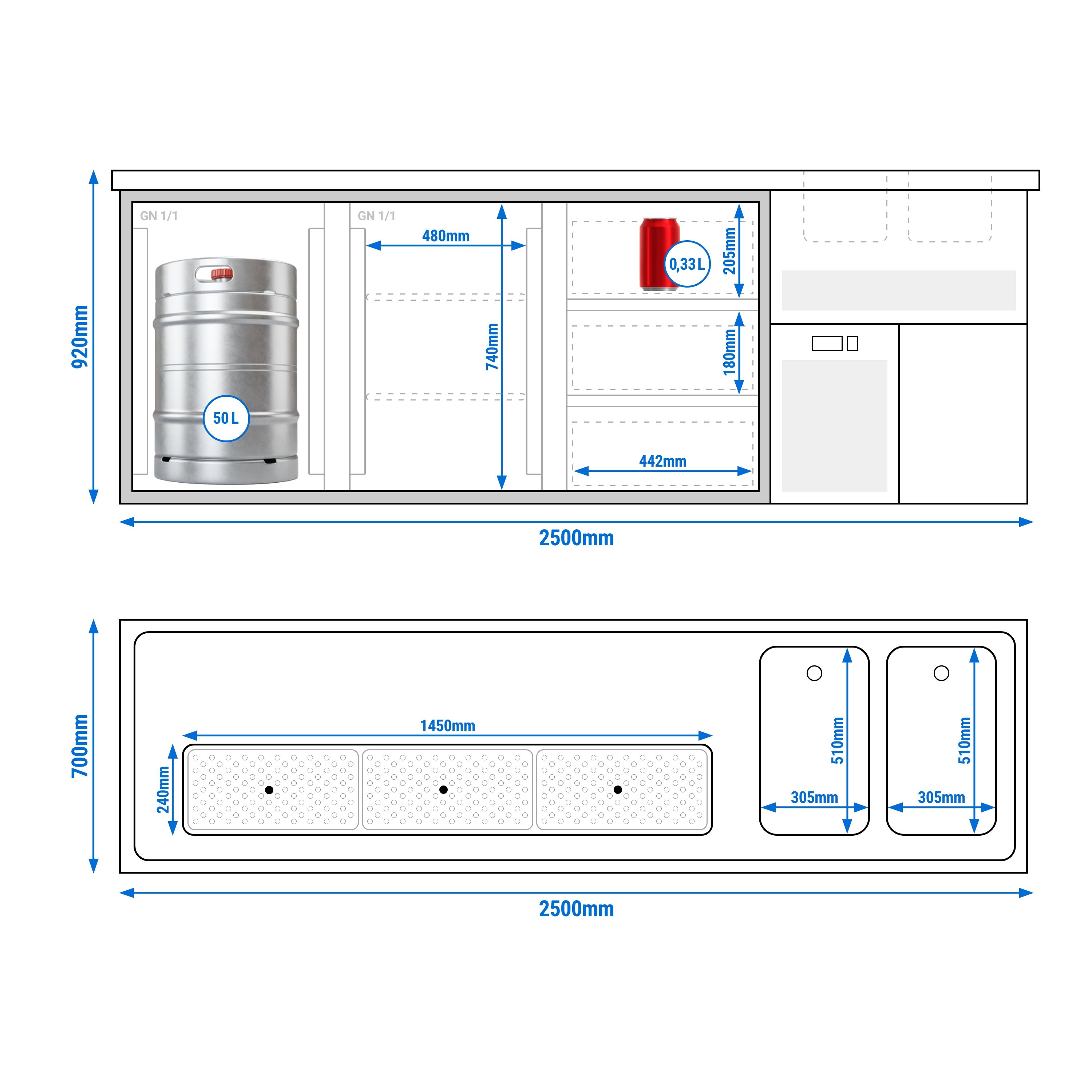 Comptoir de bar réfrigéré Premium PLUS - 2500x700mm - 2 portes vitrées & 3 tiroirs