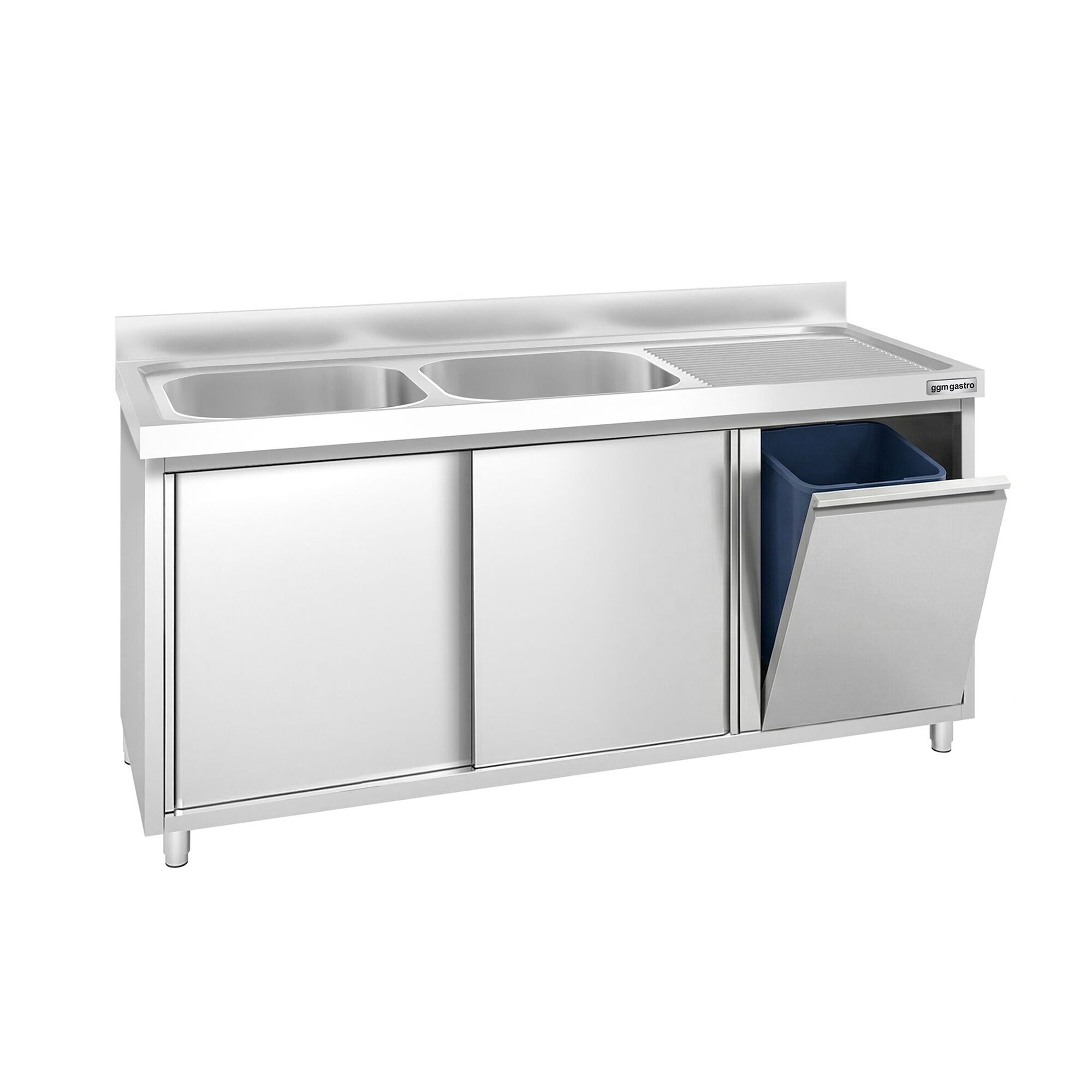 Meuble plonge PREMIUM - 1600x600mm - avec poubelle intégrée et 2 bacs