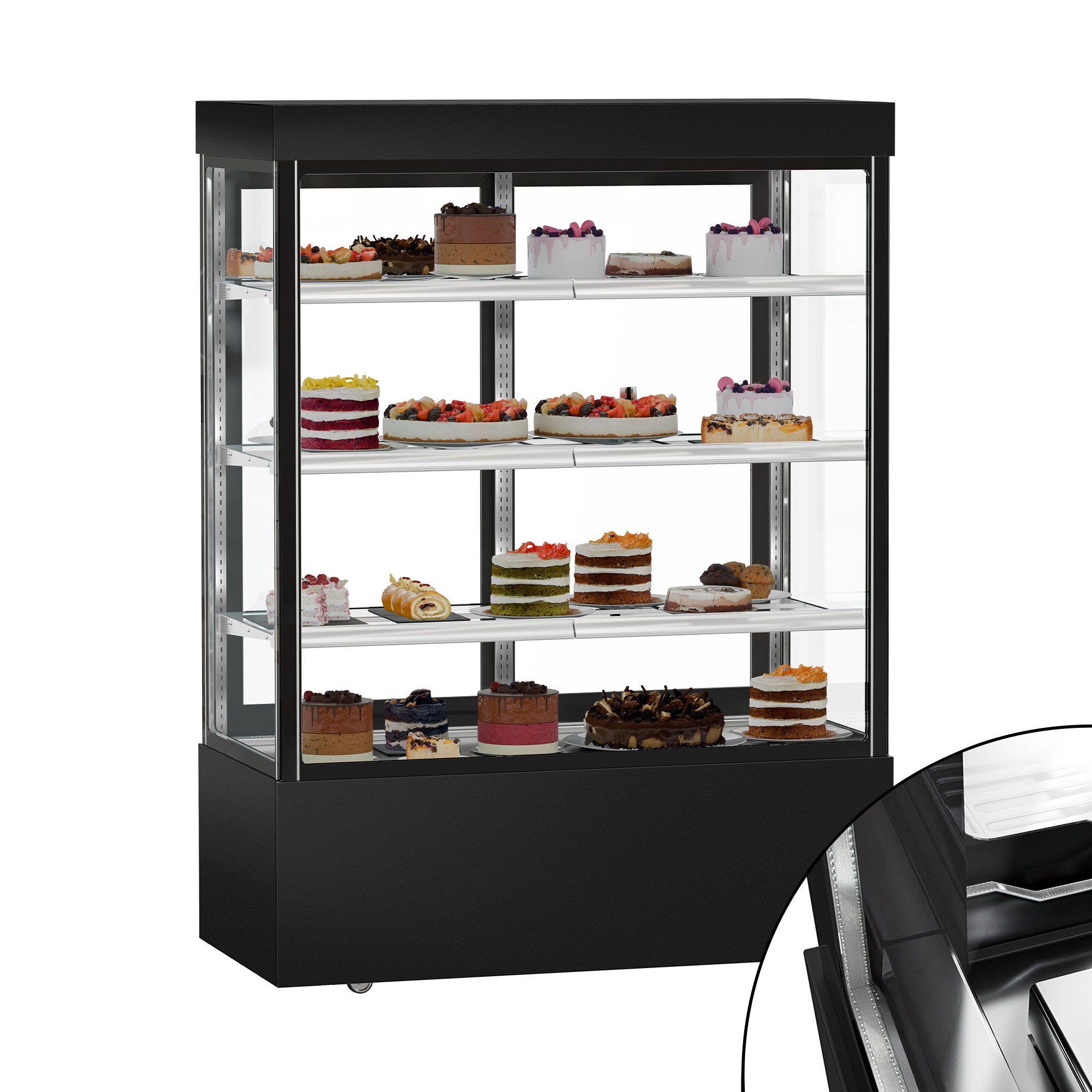 Vitrine réfrigérée 4 faces vitrées MADRID - 1010L - 1500mm - Double vitrage - avec 3 étagères en verre - portes coulissantes vitrées arrière - Noir mat