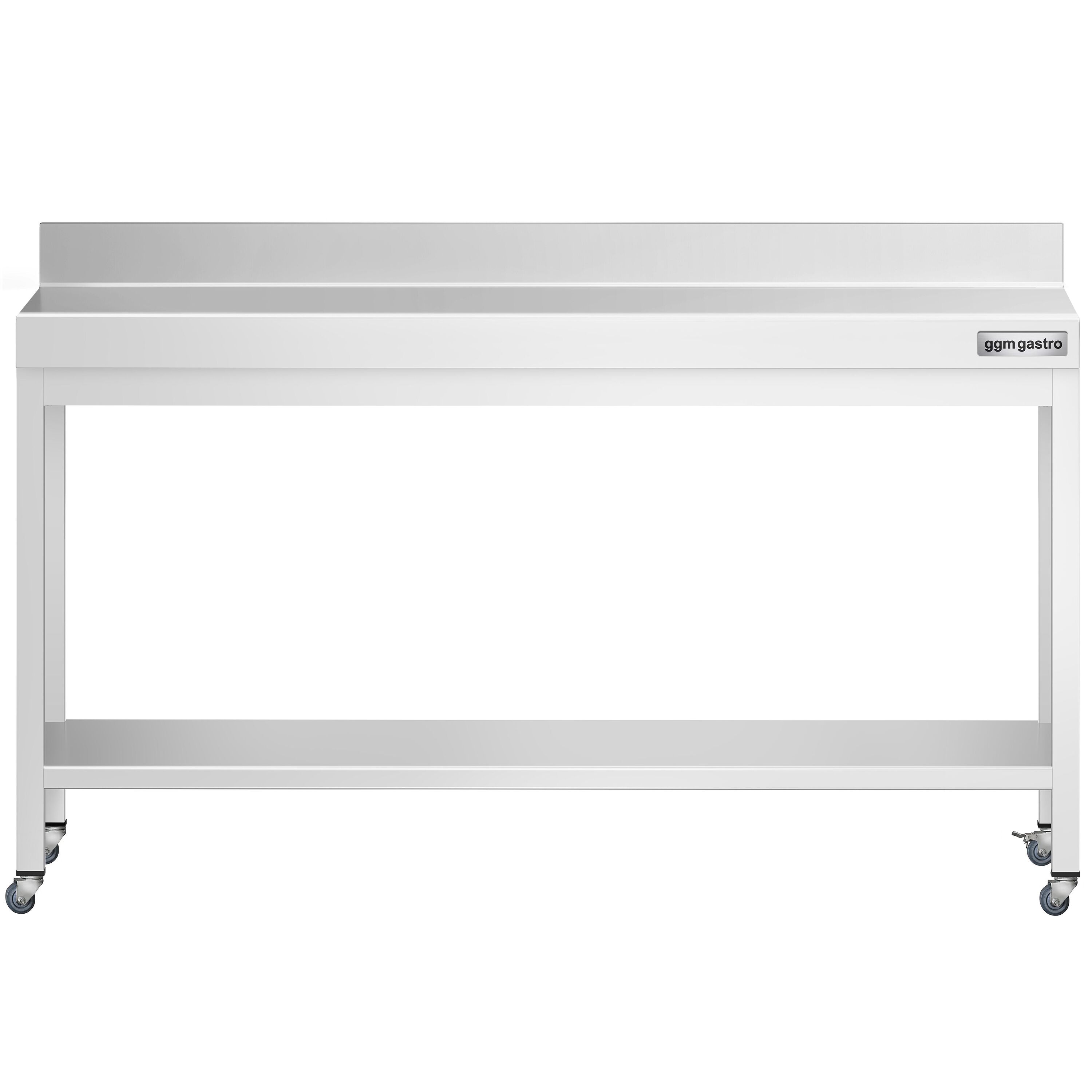 Table de travail en inox PREMIUM - 2000 x 600 mm - avec tablette inférieure, dosseret et roulettes