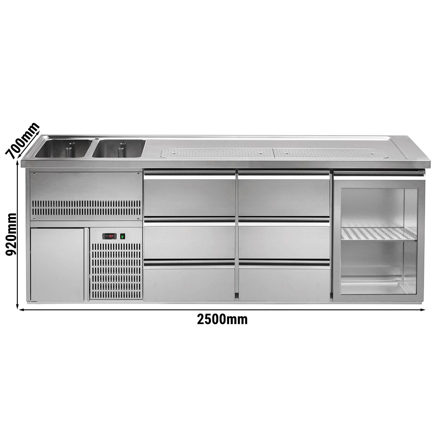 Comptoir de bar réfrigéré Premium PLUS - 2500x700mm - 1 porte vitrée & 6 tiroirs